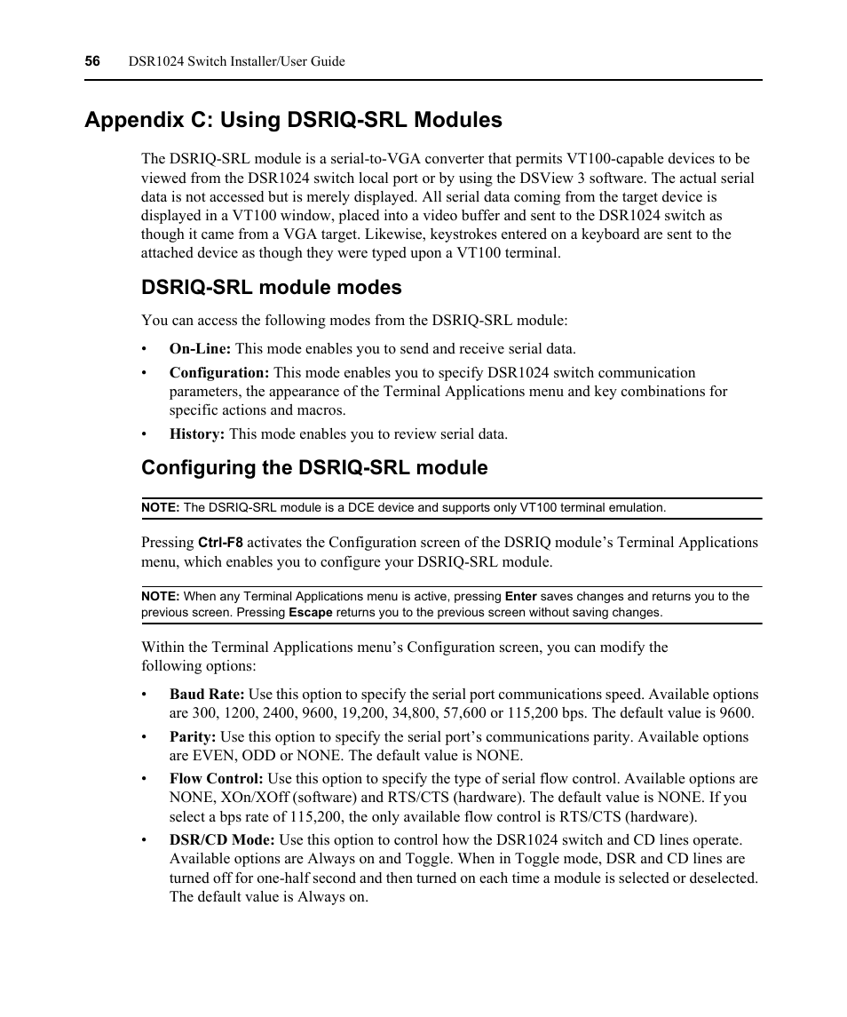 Appendix c: using dsriq-srl modules, Dsriq-srl module modes, Configuring the dsriq-srl module | Avocent DSR 1024 User Manual | Page 68 / 86