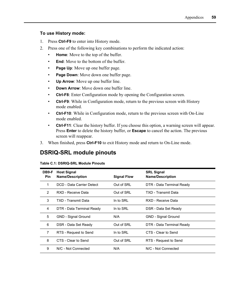 Dsriq-srl module pinouts, Table c.1: dsriq-srl module pinouts | Avocent DSR 1024 User Manual | Page 71 / 86