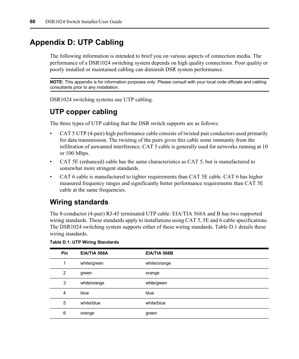 Appendix d: utp cabling, Utp copper cabling, Wiring standards | Table d.1: utp wiring standards | Avocent DSR 1024 User Manual | Page 72 / 86