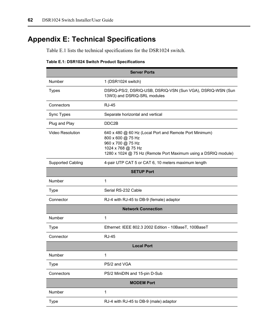 Appendix e: technical specifications, Table e.1: dsr1024 switch product specifications | Avocent DSR 1024 User Manual | Page 74 / 86