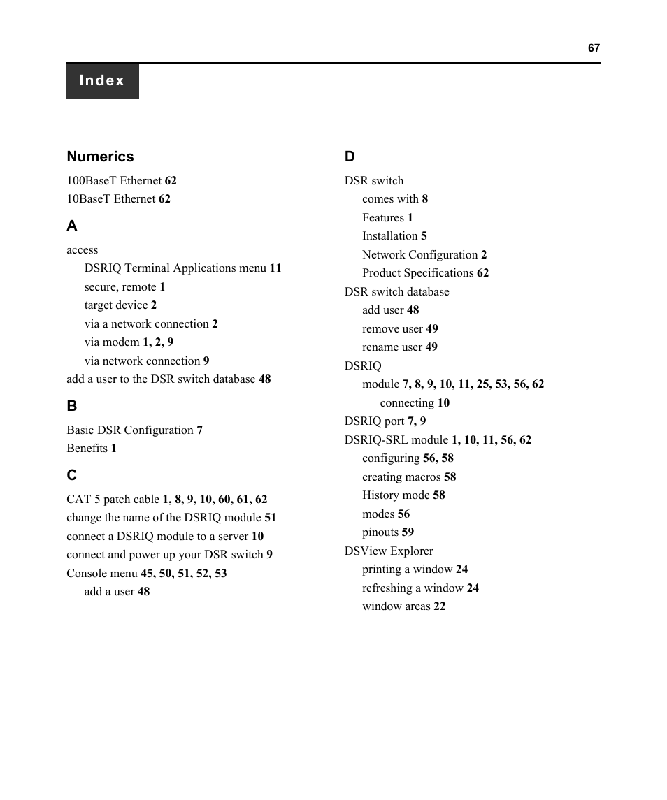 Index, Numerics | Avocent DSR 1024 User Manual | Page 79 / 86