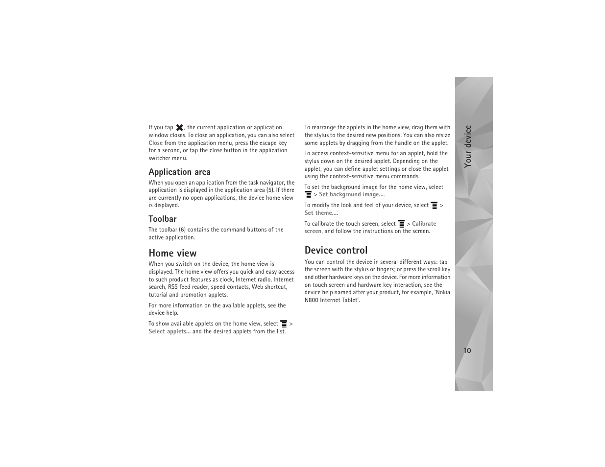 Application area, Toolbar, Home view | Device control, Application area toolbar, Home view device control | Nokia N810 User Manual | Page 10 / 52