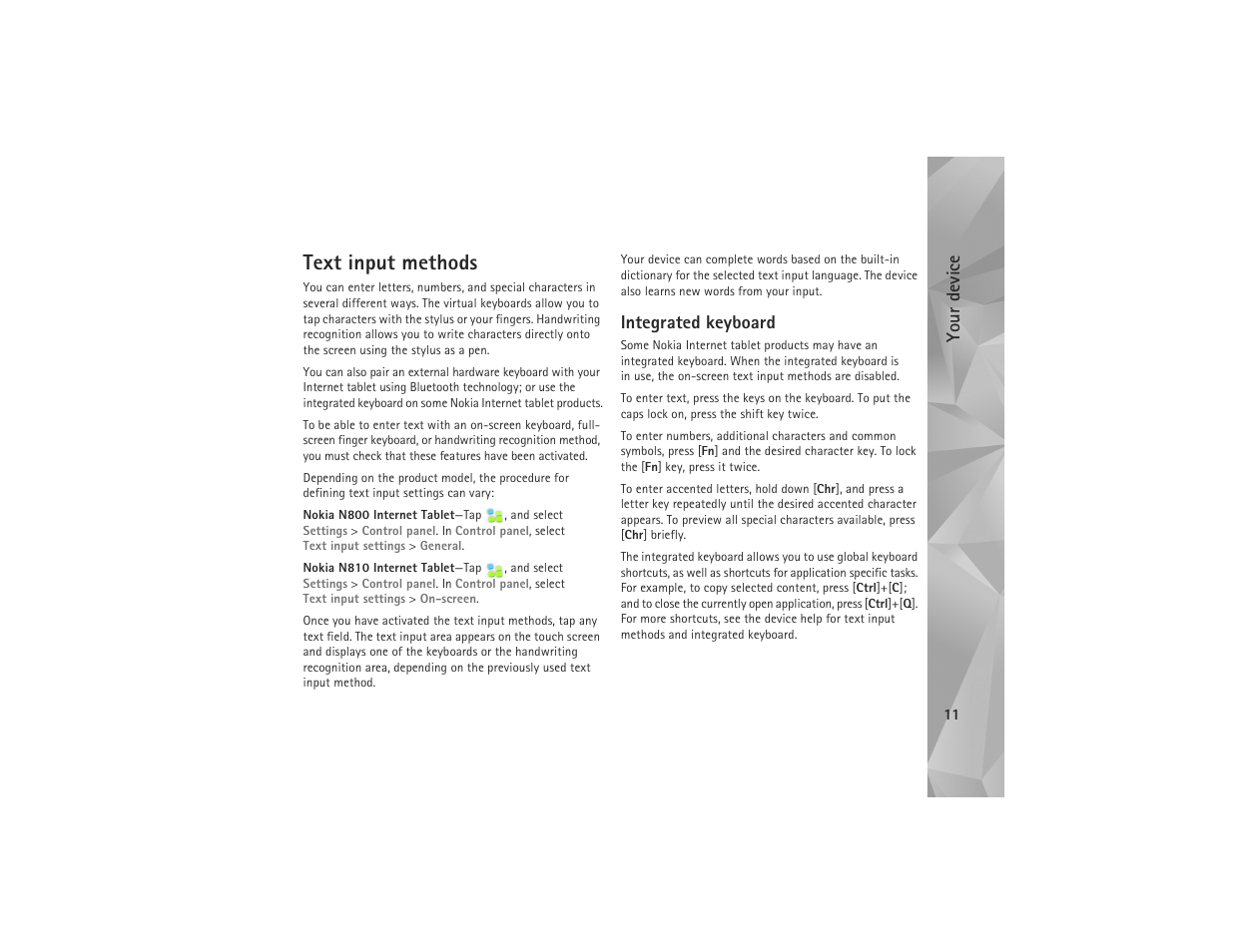 Text input methods, Integrated keyboard, Your device | Nokia N810 User Manual | Page 11 / 52