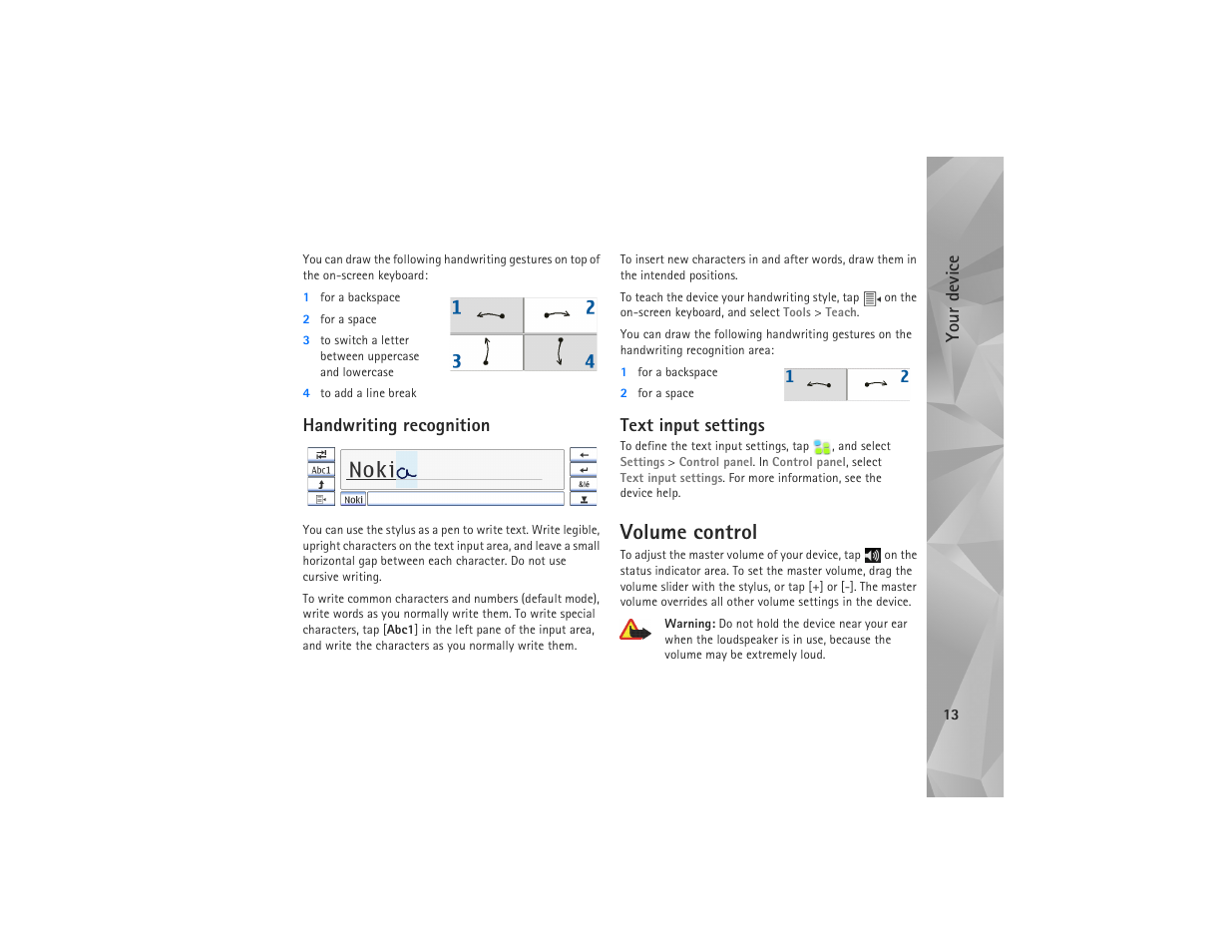 Handwriting recognition, Text input settings, Volume control | Handwriting recognition text input settings, Your device | Nokia N810 User Manual | Page 13 / 52