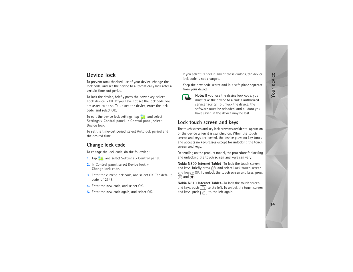 Device lock, Change lock code, Lock touch screen and keys | Change lock code lock touch screen and keys, Your device | Nokia N810 User Manual | Page 14 / 52