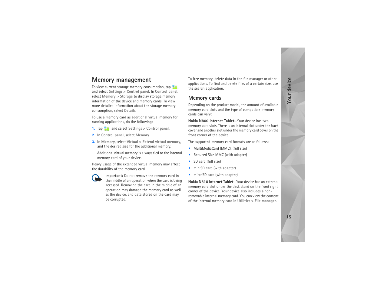 Memory management, Memory cards, Your device | Nokia N810 User Manual | Page 15 / 52