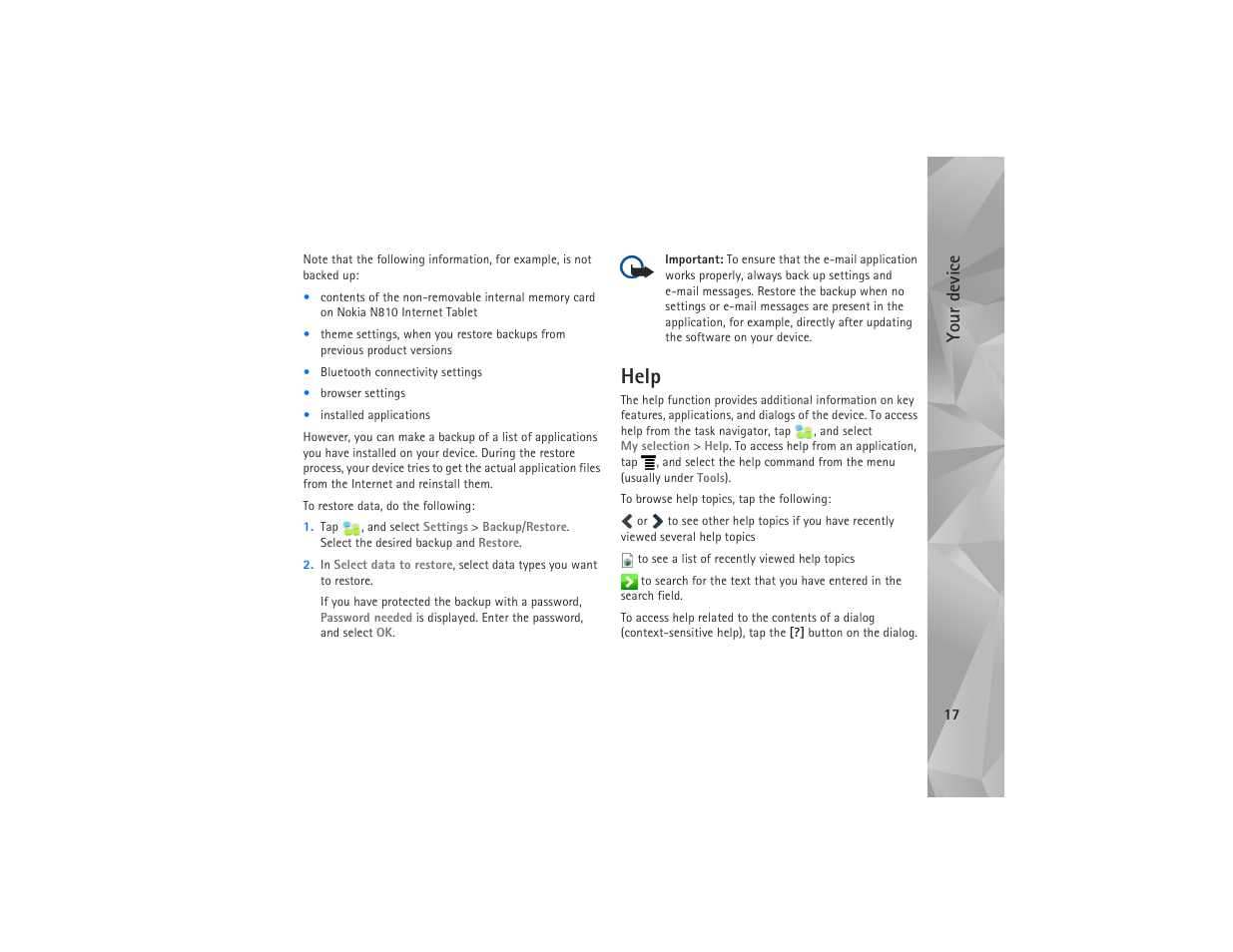 Help, Your device | Nokia N810 User Manual | Page 17 / 52