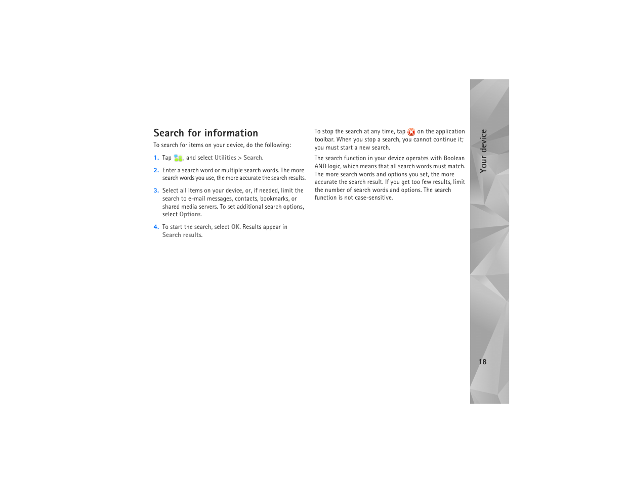 Search for information, Your device | Nokia N810 User Manual | Page 18 / 52