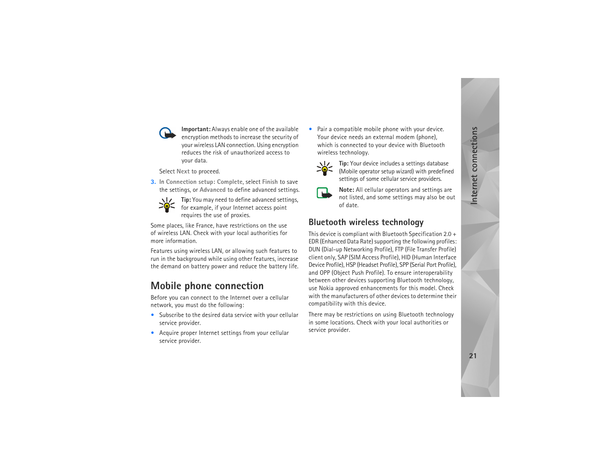 Mobile phone connection, Bluetooth wireless technology | Nokia N810 User Manual | Page 21 / 52