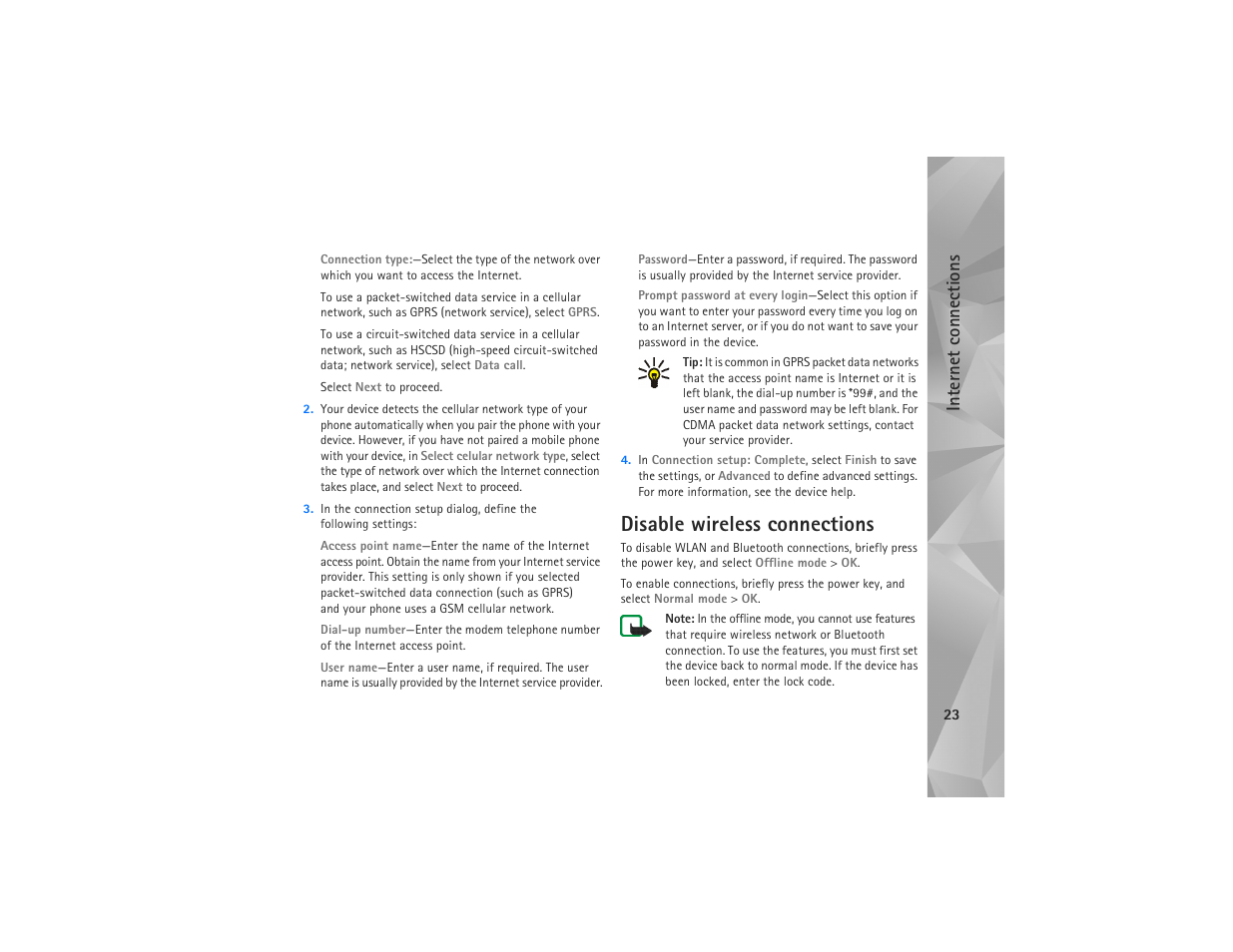 Disable wireless connections, Internet con n ec tions | Nokia N810 User Manual | Page 23 / 52