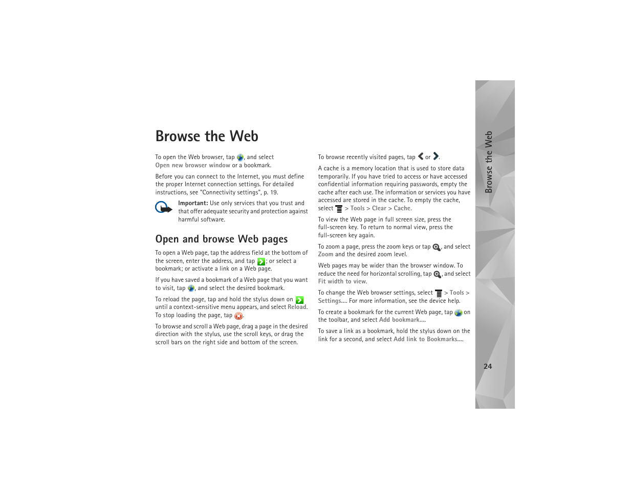 Browse the web, Open and browse web pages | Nokia N810 User Manual | Page 24 / 52