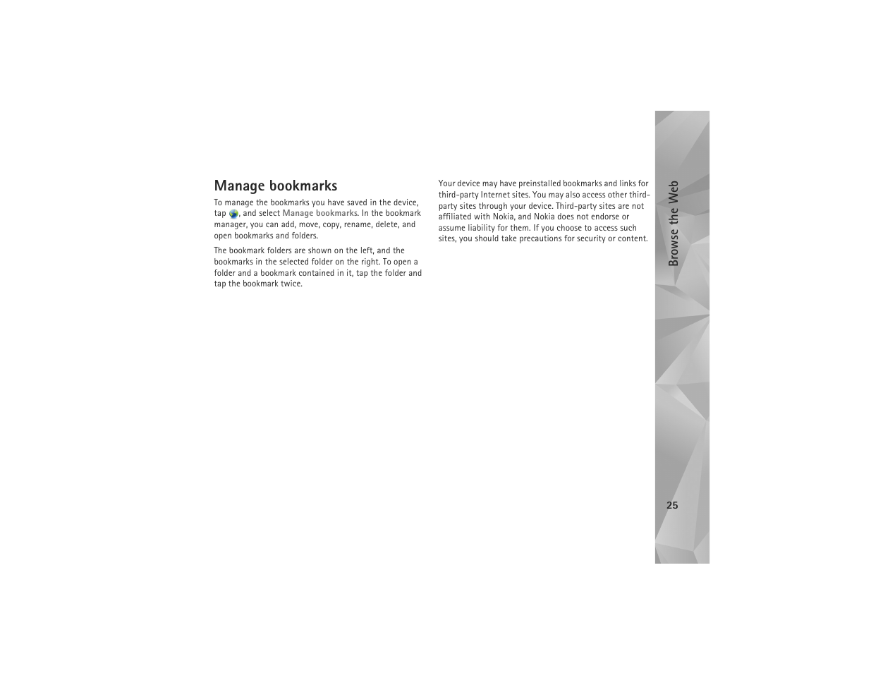 Manage bookmarks | Nokia N810 User Manual | Page 25 / 52
