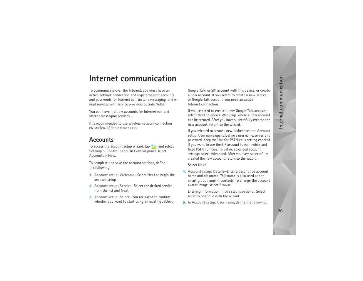 Internet communication, Accounts, Internet commun ication | Nokia N810 User Manual | Page 26 / 52
