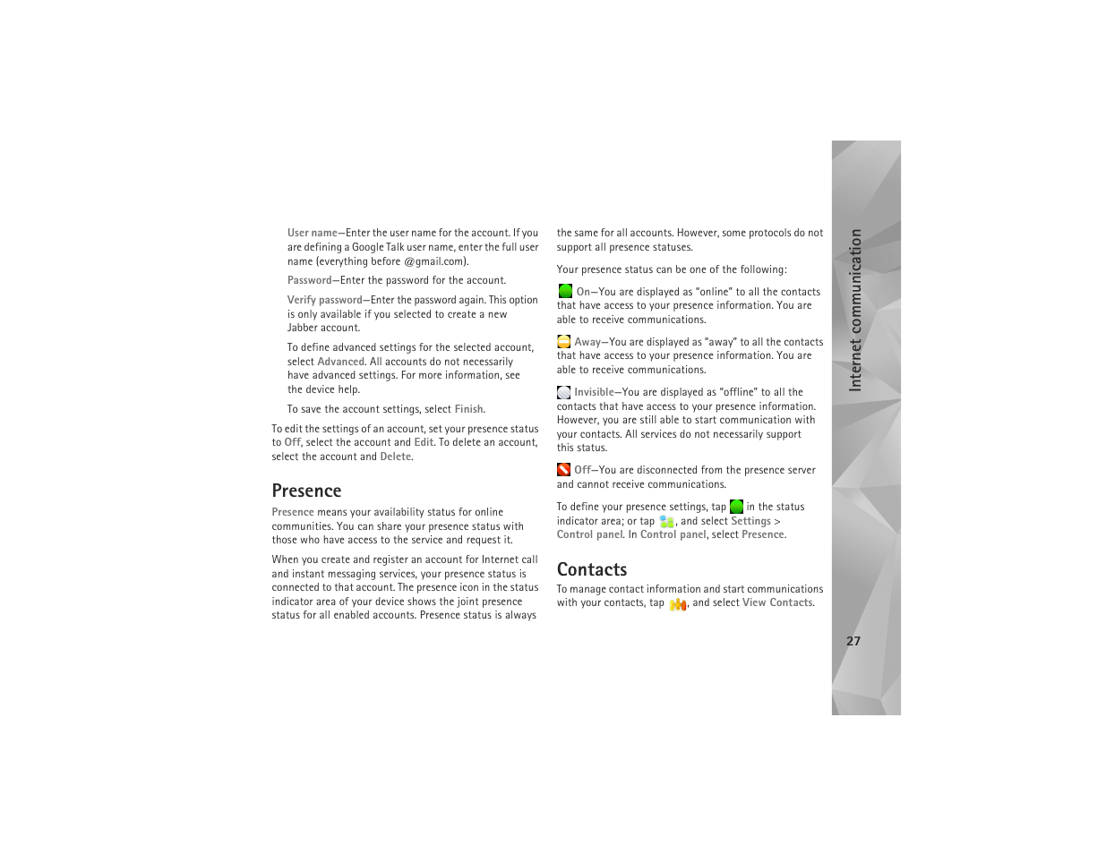Presence, Contacts, Presence contacts | Internet commun ication | Nokia N810 User Manual | Page 27 / 52