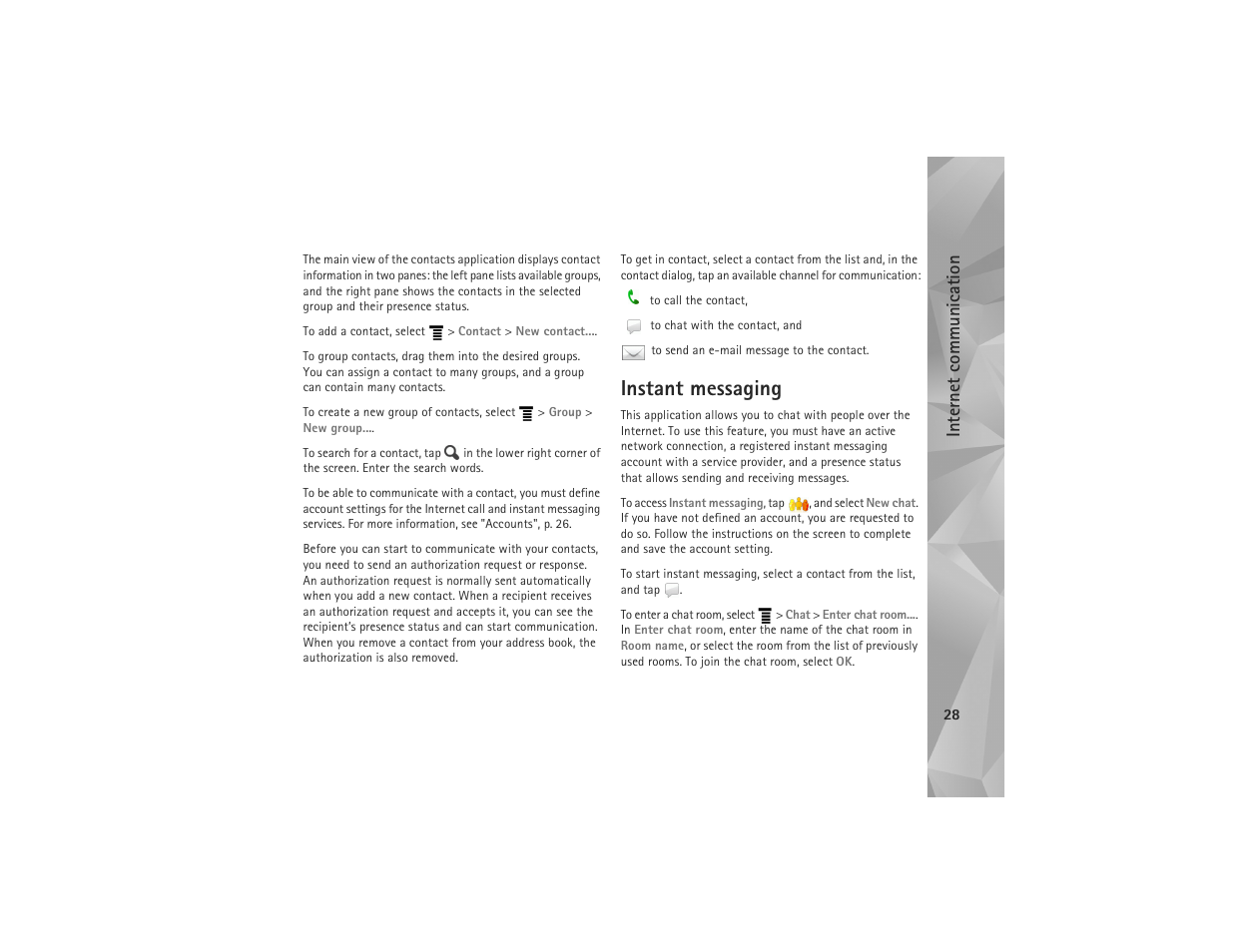 Instant messaging, Internet commun ication | Nokia N810 User Manual | Page 28 / 52