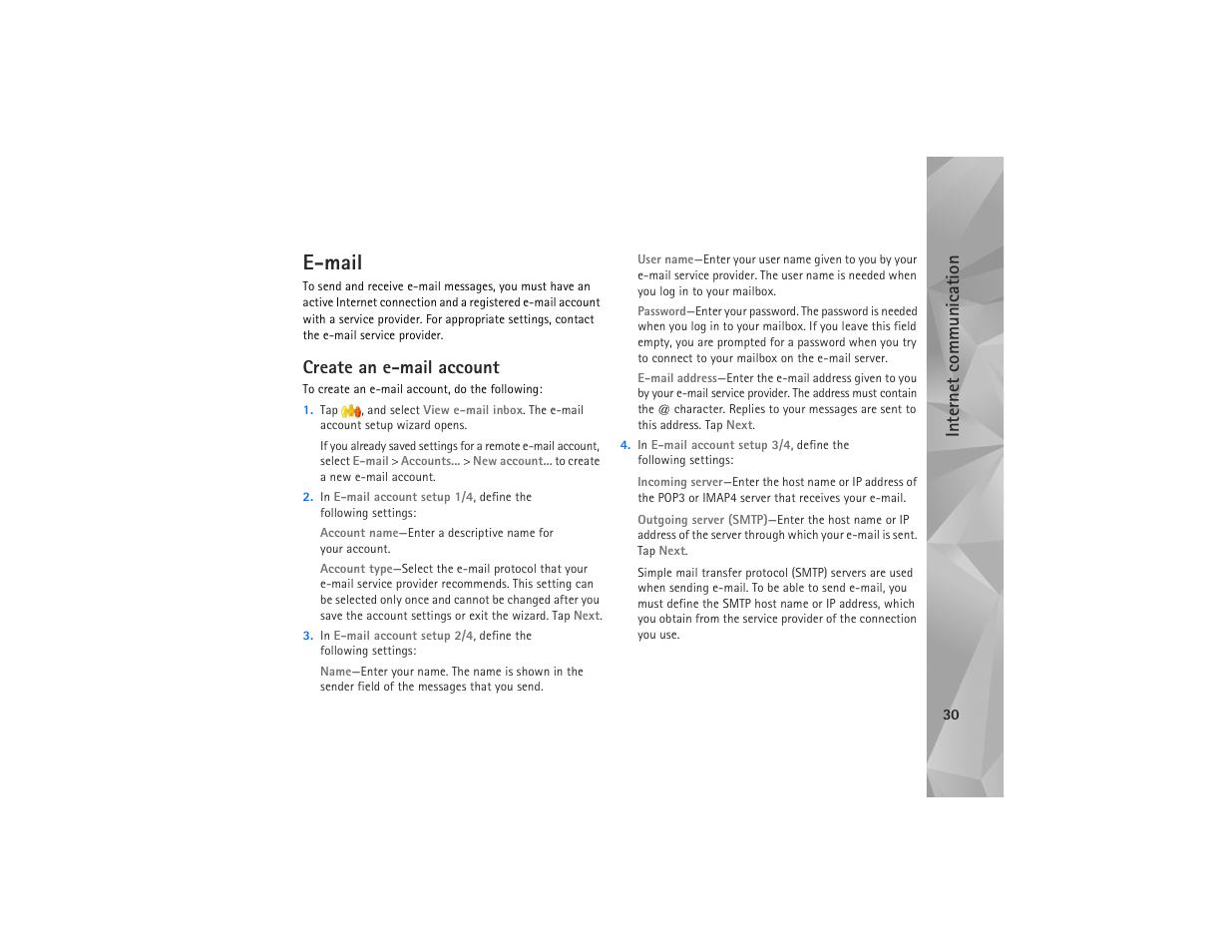 E-mail, Create an e-mail account, Internet commun ication | Nokia N810 User Manual | Page 30 / 52