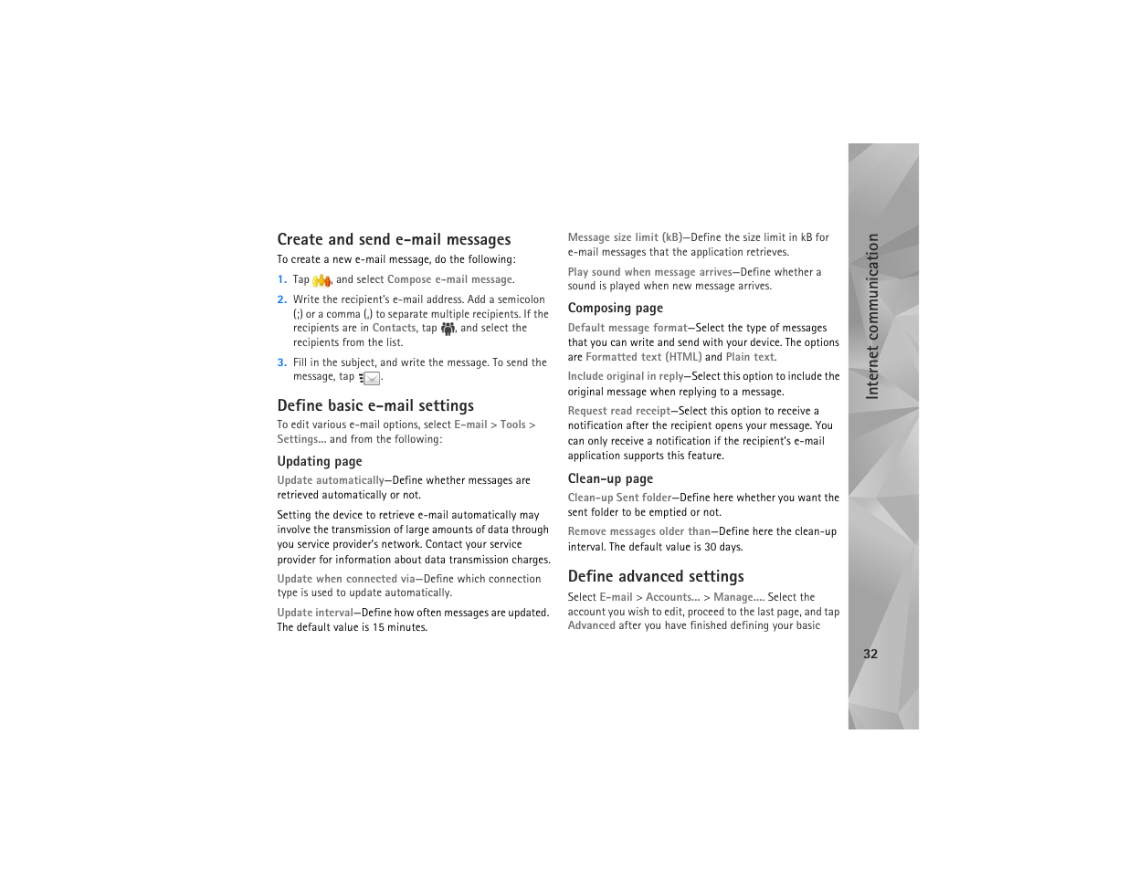 Create and send e-mail messages, Define basic e-mail settings, Define advanced settings | Internet commun ication | Nokia N810 User Manual | Page 32 / 52