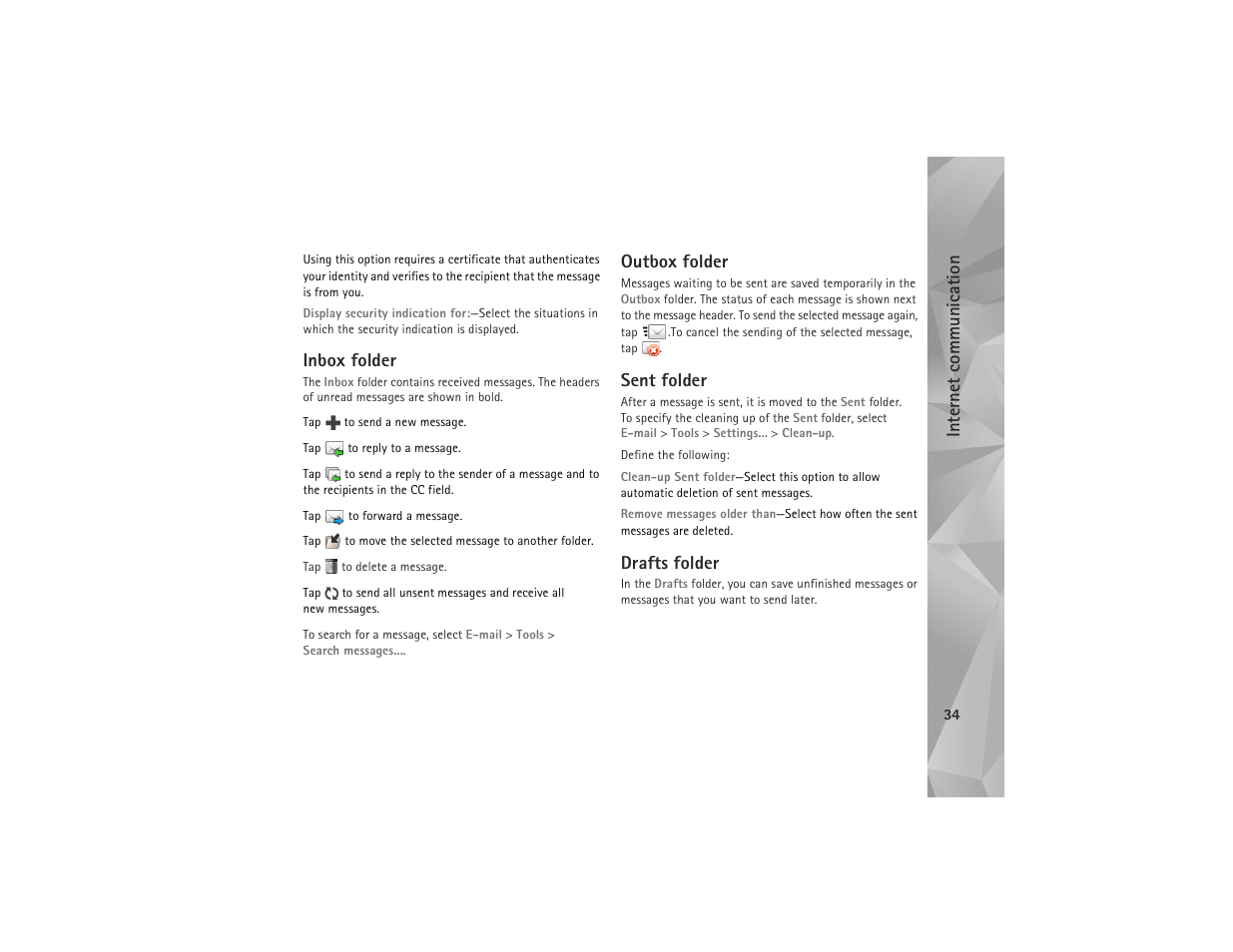 Inbox folder, Outbox folder, Sent folder | Drafts folder, Internet commun ication | Nokia N810 User Manual | Page 34 / 52