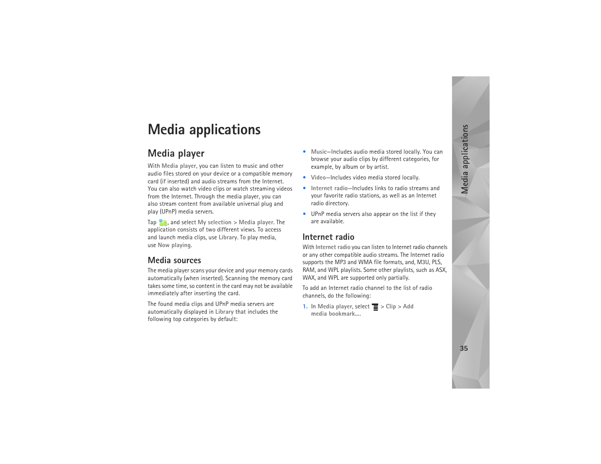 Media applications, Media player, Media sources | Internet radio, Media sources internet radio | Nokia N810 User Manual | Page 35 / 52