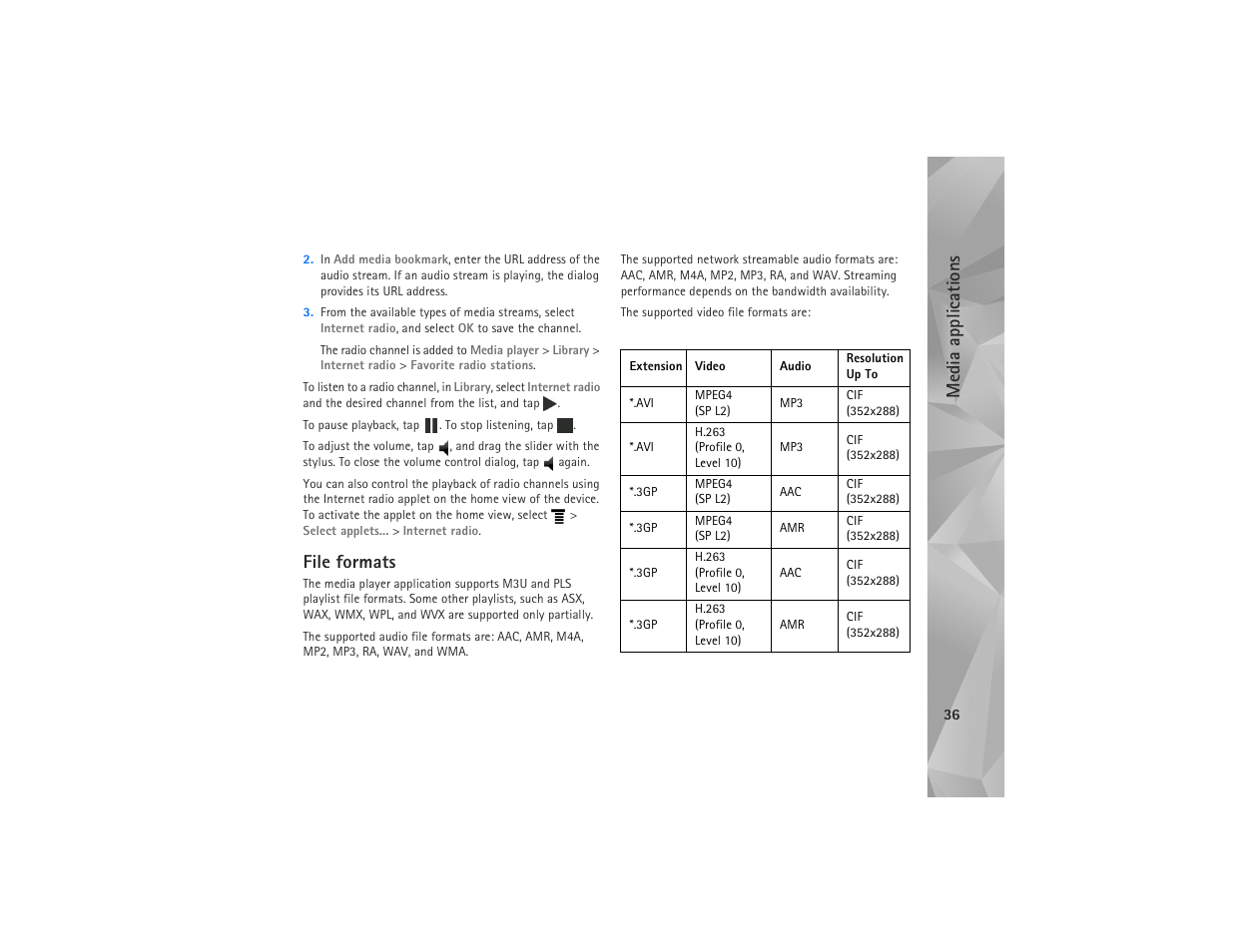 File formats, Me dia a ppli cations | Nokia N810 User Manual | Page 36 / 52