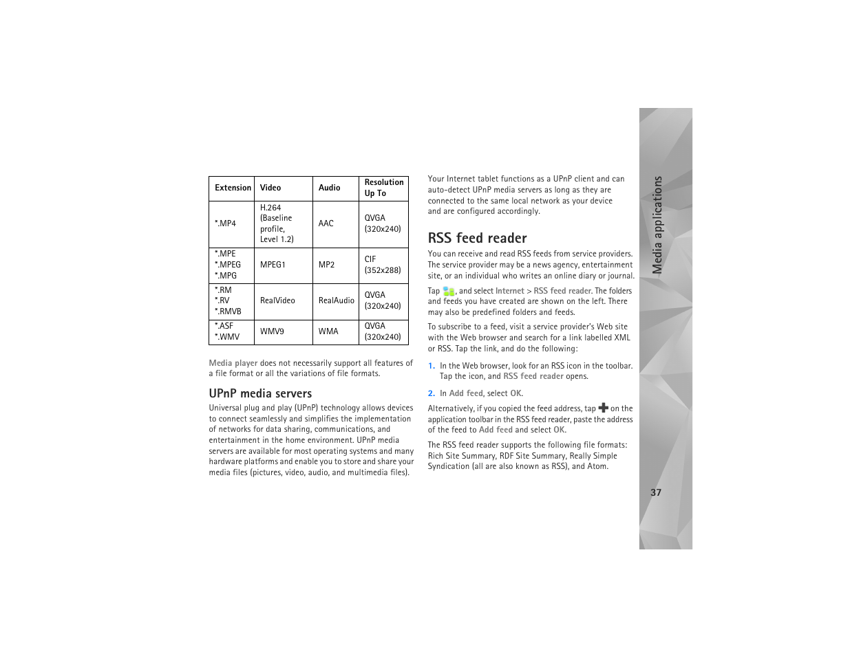 Upnp media servers, Rss feed reader, Me dia a ppli cations | Nokia N810 User Manual | Page 37 / 52