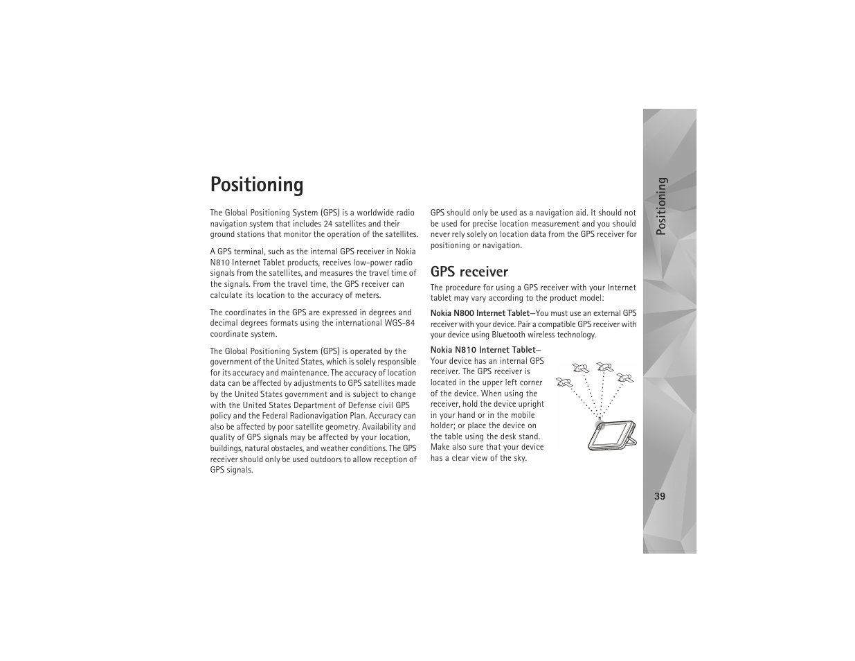 Positioning, Gps receiver | Nokia N810 User Manual | Page 39 / 52