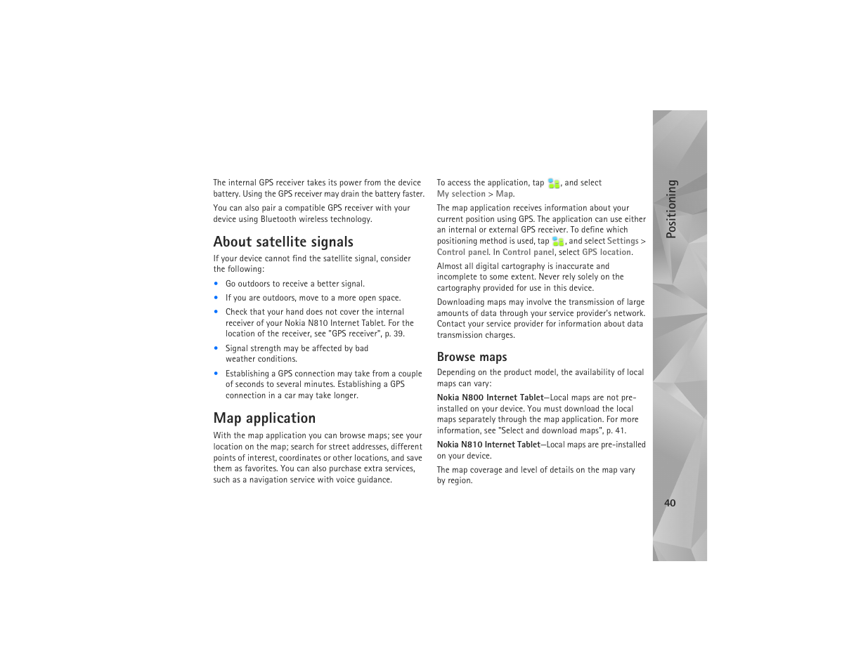 About satellite signals, Map application, Browse maps | About satellite signals map application | Nokia N810 User Manual | Page 40 / 52