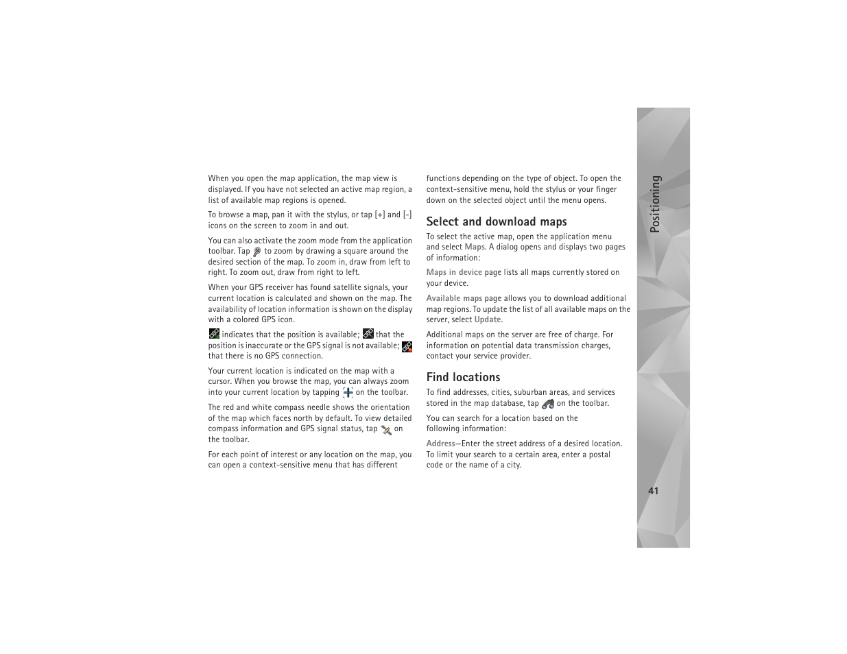 Select and download maps, Find locations, Select and download maps find locations | Nokia N810 User Manual | Page 41 / 52