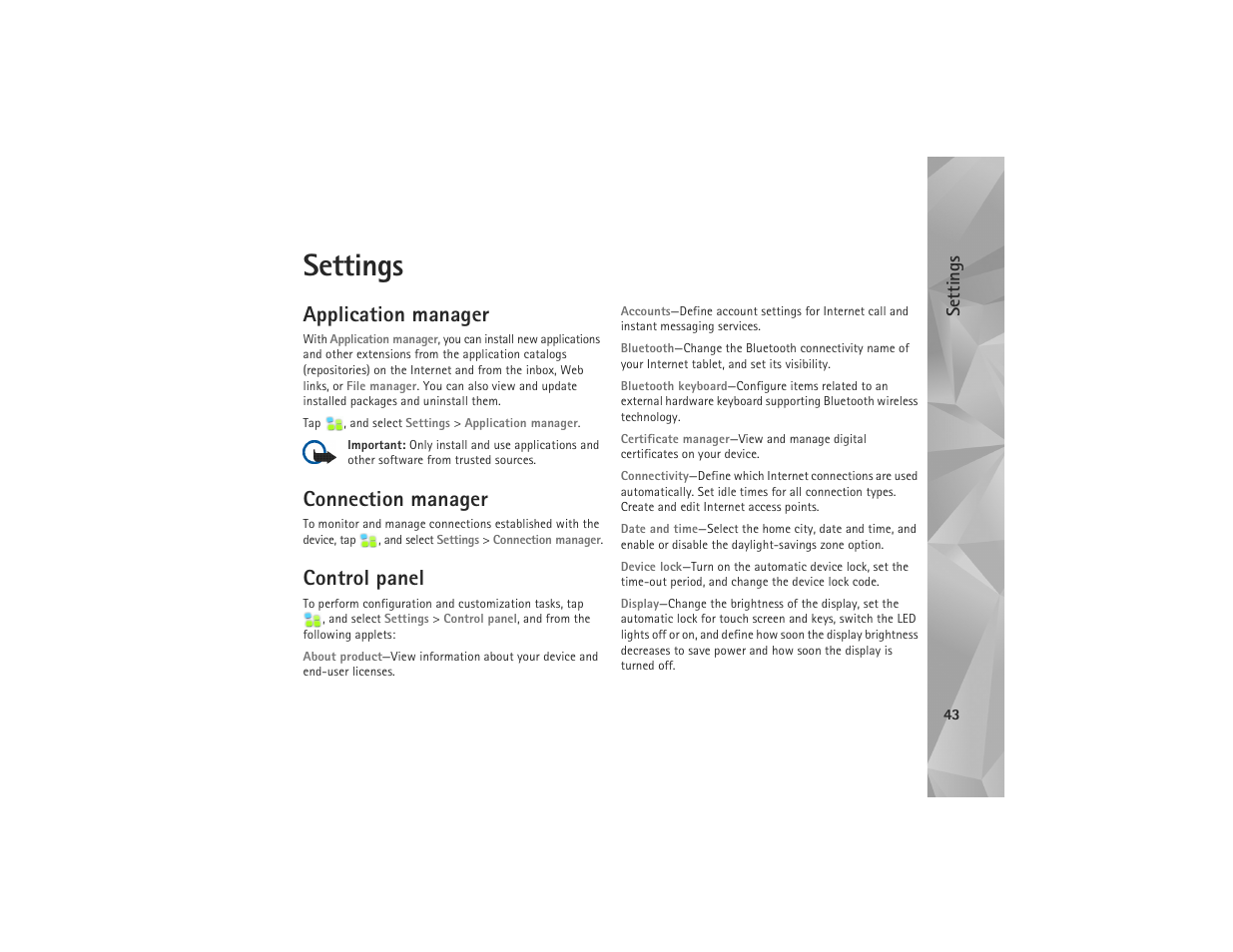 Settings, Application manager, Connection manager | Control panel | Nokia N810 User Manual | Page 43 / 52