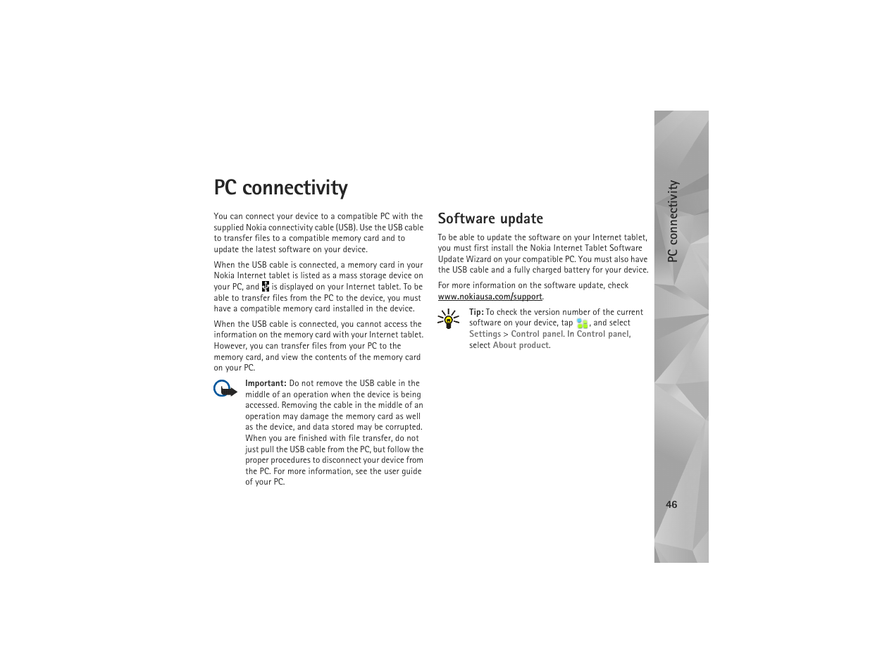 Pc connectivity, Software update | Nokia N810 User Manual | Page 46 / 52