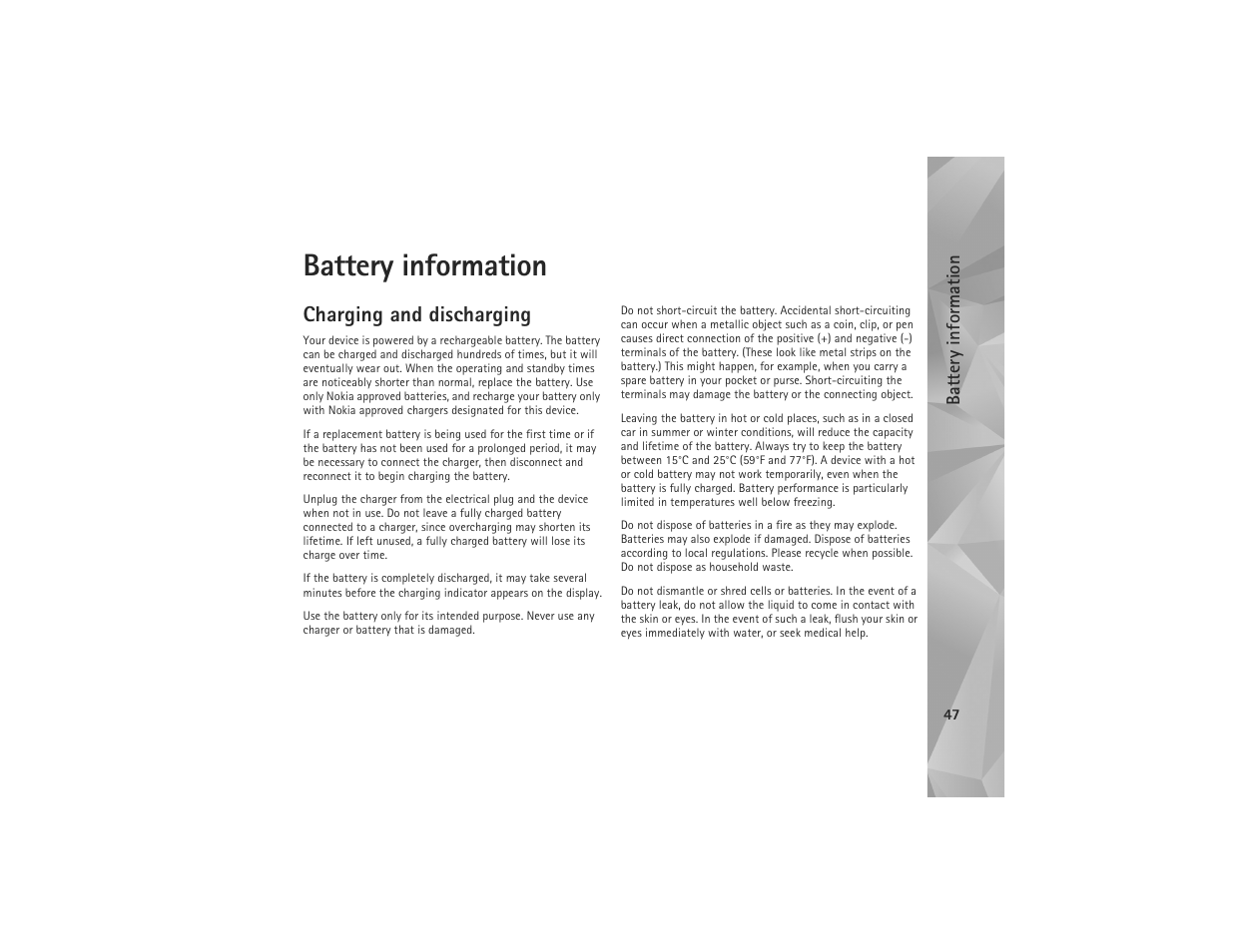 Battery information, Charging and discharging | Nokia N810 User Manual | Page 47 / 52
