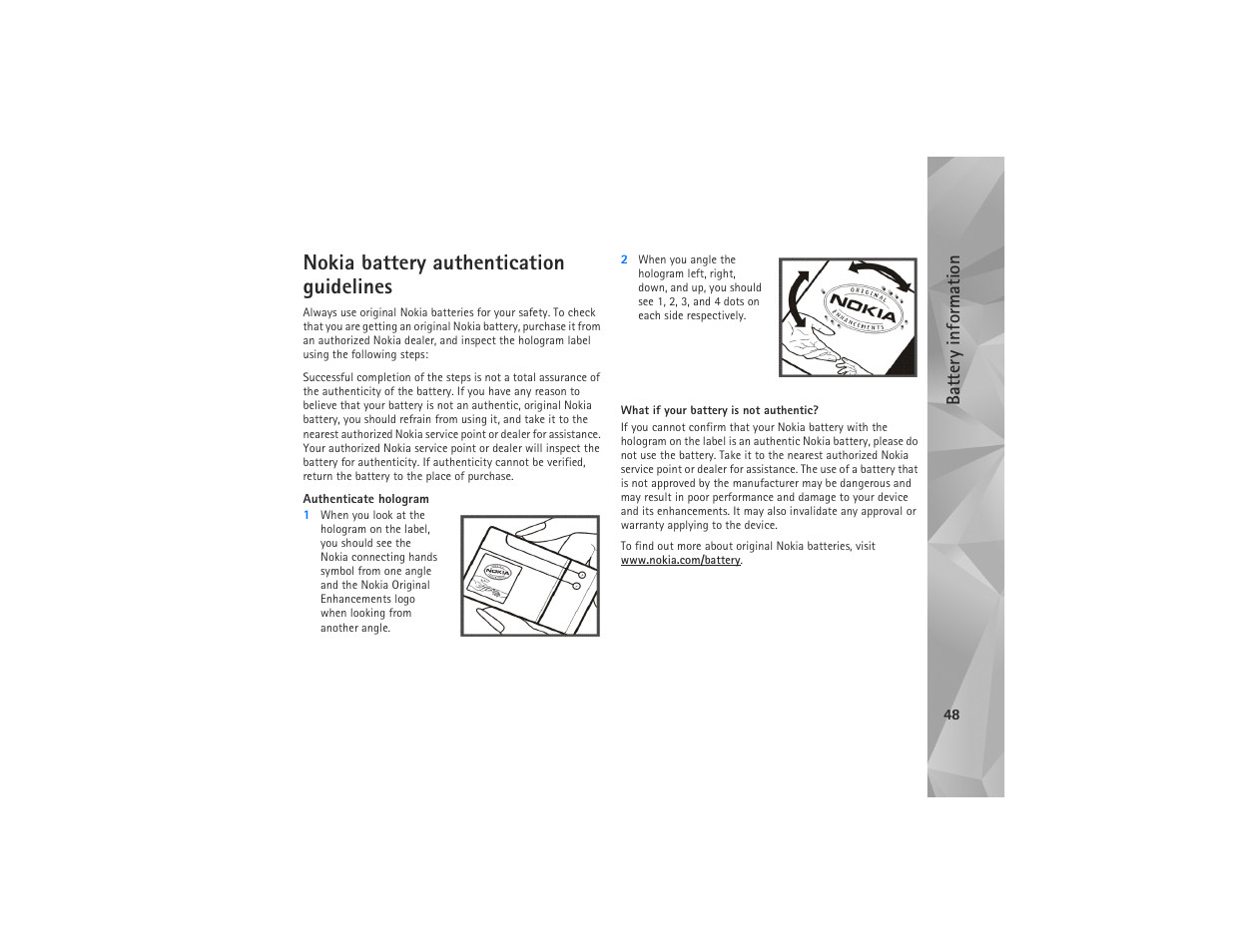 Nokia battery authentication guidelines, Battery information | Nokia N810 User Manual | Page 48 / 52