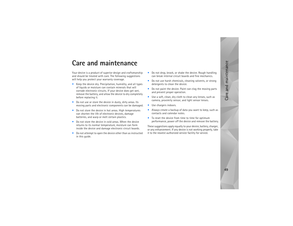 Care and maintenance, Ca re and maintenanc e | Nokia N810 User Manual | Page 49 / 52