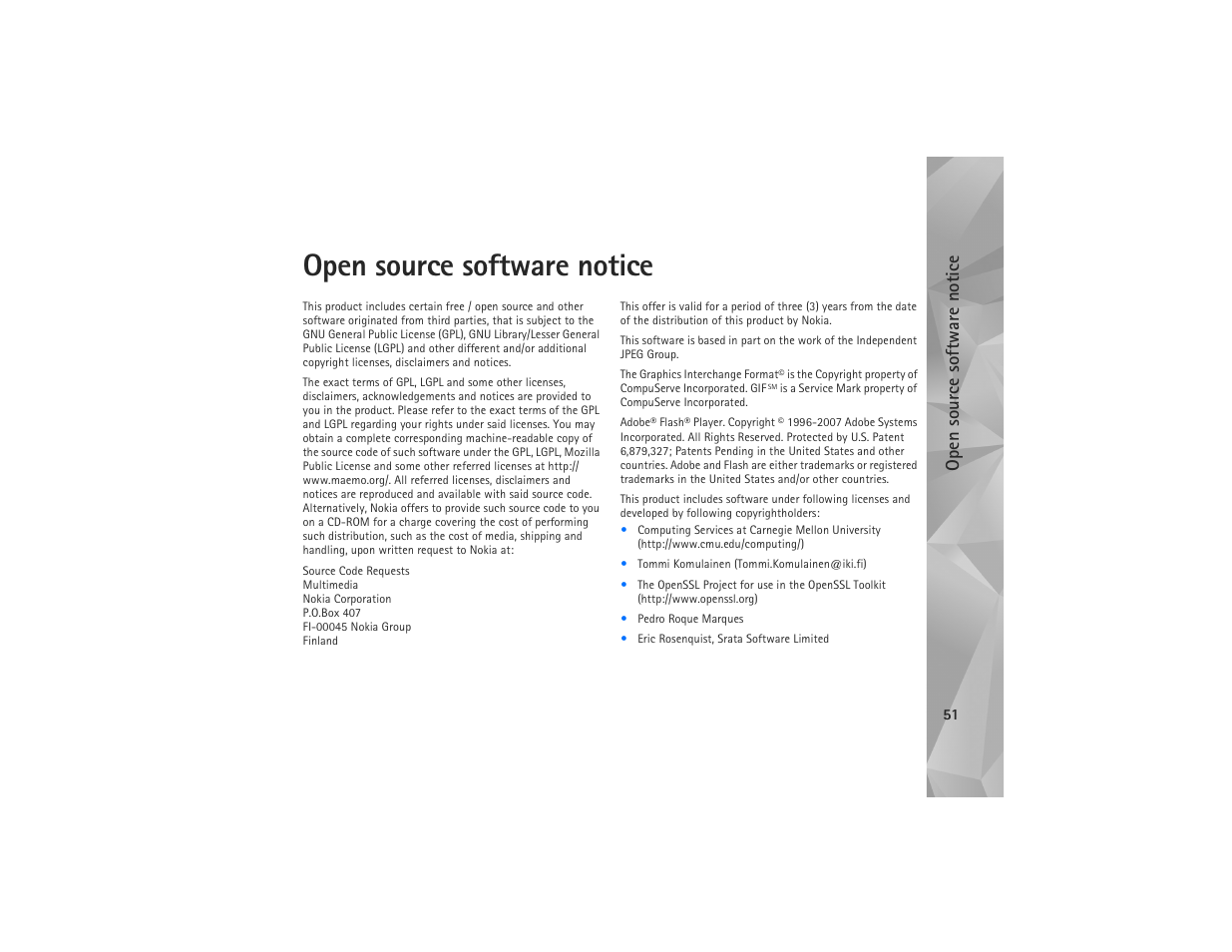 Open source software notice, Op en source software notice | Nokia N810 User Manual | Page 51 / 52