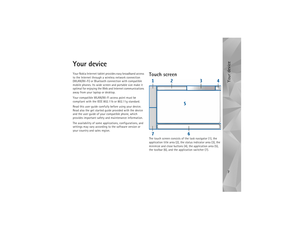 Your device, Touch screen | Nokia N810 User Manual | Page 7 / 52
