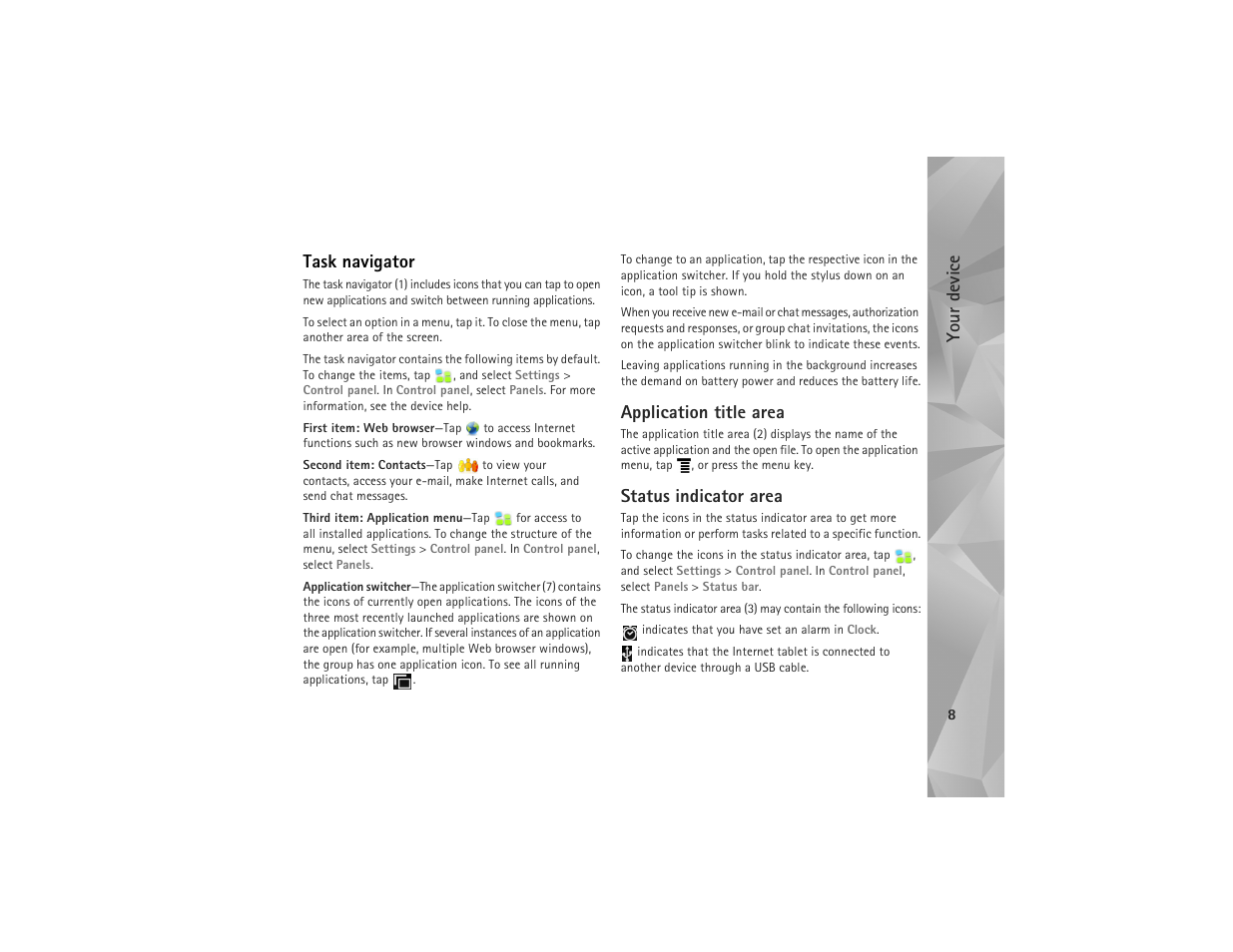 Task navigator, Application title area, Status indicator area | Your device | Nokia N810 User Manual | Page 8 / 52