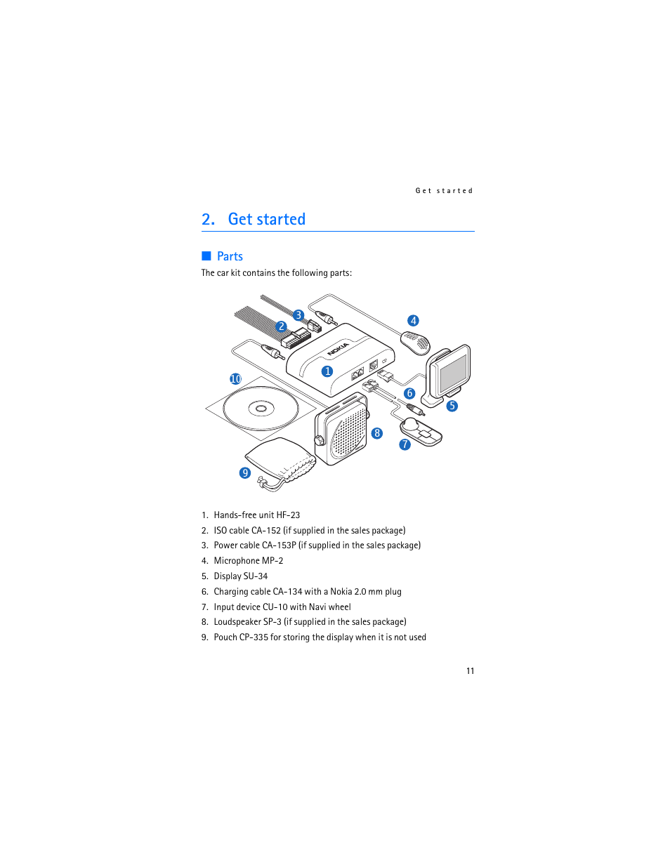 Get started, Parts, Get started”, p. 11 | Nokia Display Car Kit CK-600 User Manual | Page 11 / 206