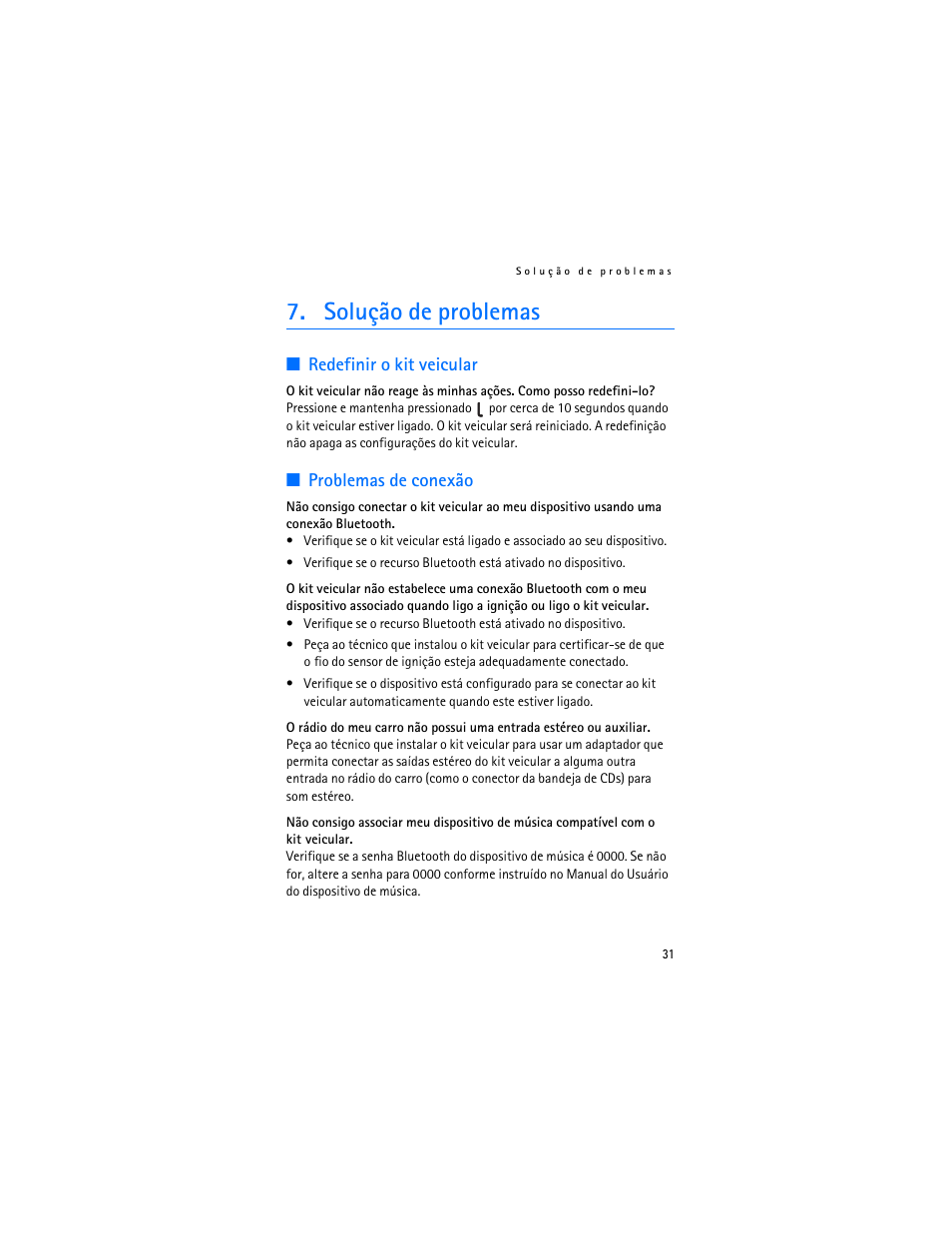 Solução de problemas, Redefinir o kit veicular, Problemas de conexão | Solução de problemas”, págin | Nokia Display Car Kit CK-600 User Manual | Page 129 / 206
