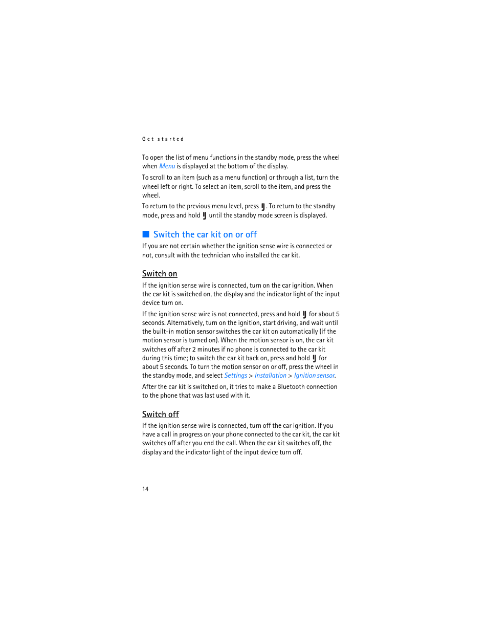 Switch the car kit on or off, Switch on, Switch off | Nokia Display Car Kit CK-600 User Manual | Page 14 / 206