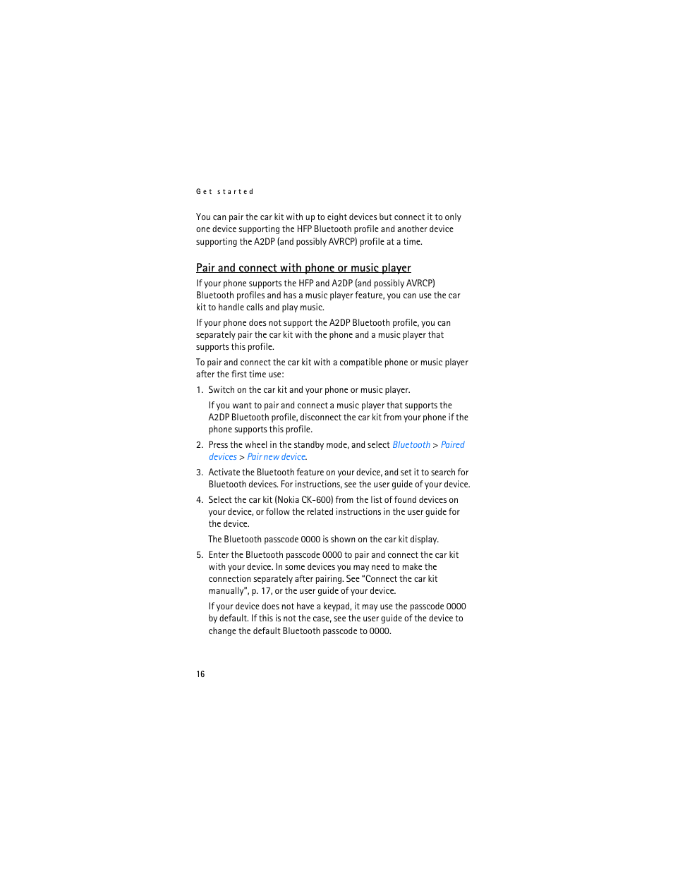 Pair and connect with phone or music player | Nokia Display Car Kit CK-600 User Manual | Page 16 / 206