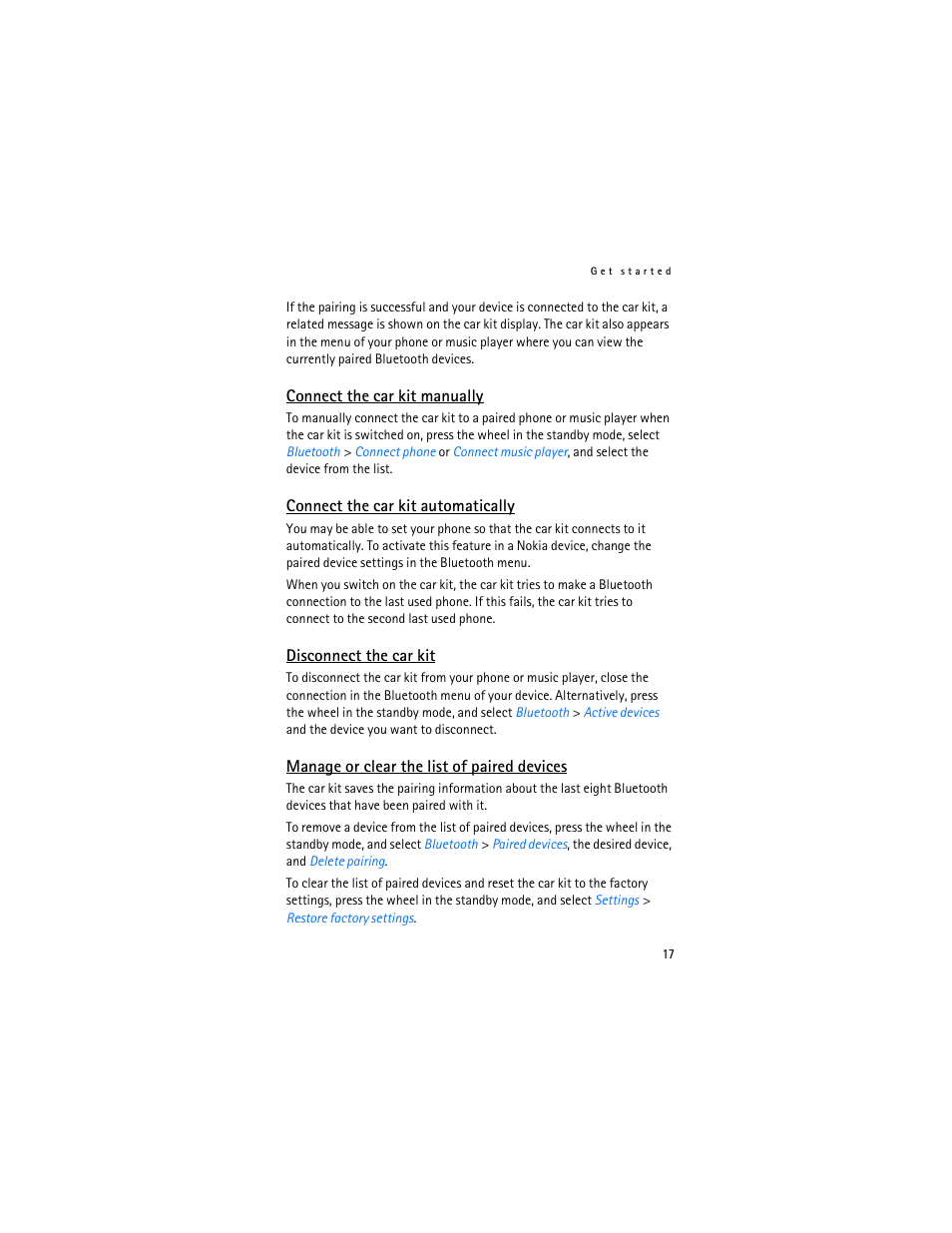 Connect the car kit manually, Connect the car kit automatically, Disconnect the car kit | Manage or clear the list of paired devices | Nokia Display Car Kit CK-600 User Manual | Page 17 / 206