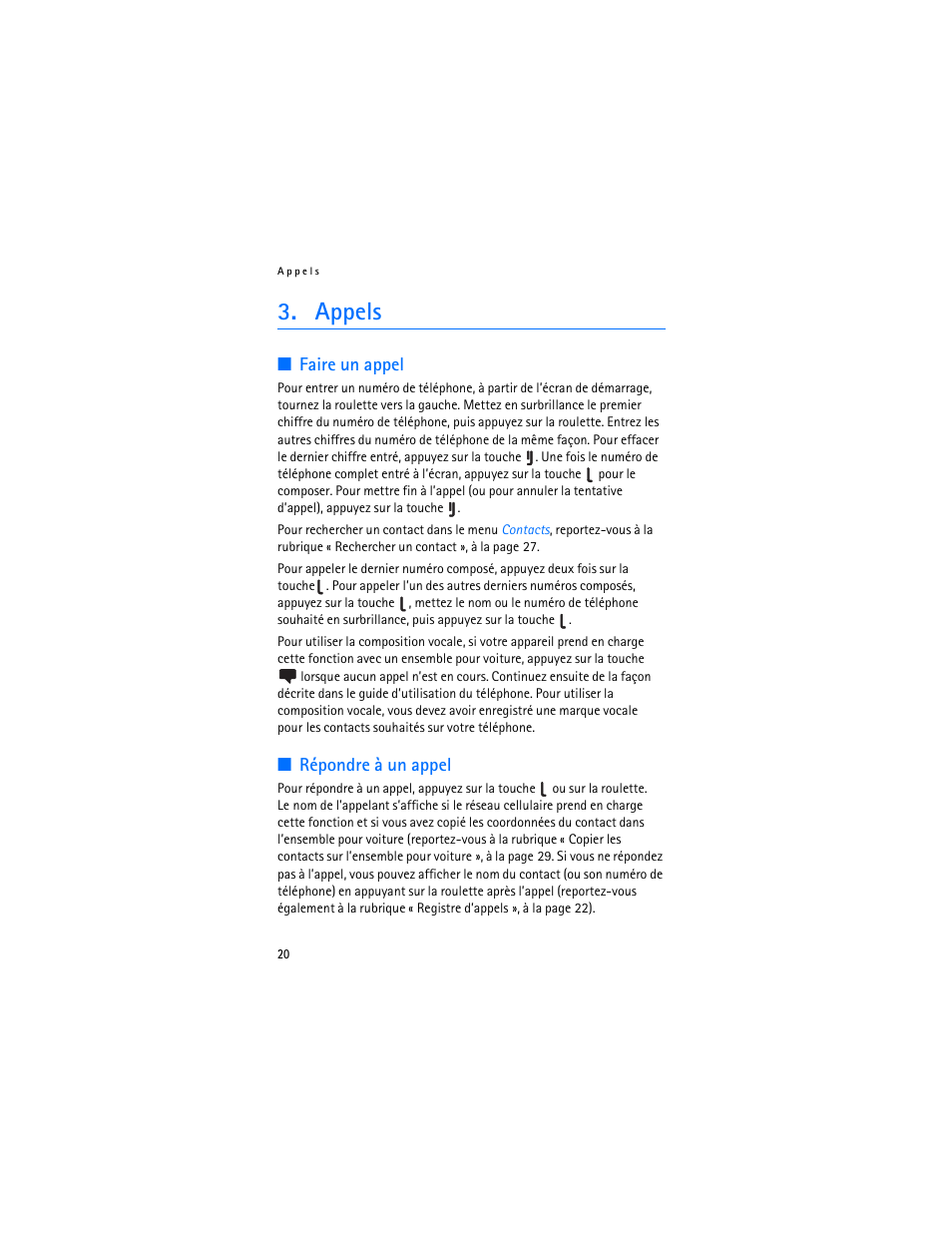 Appels, Faire un appel, Répondre à un appel | Nokia Display Car Kit CK-600 User Manual | Page 170 / 206