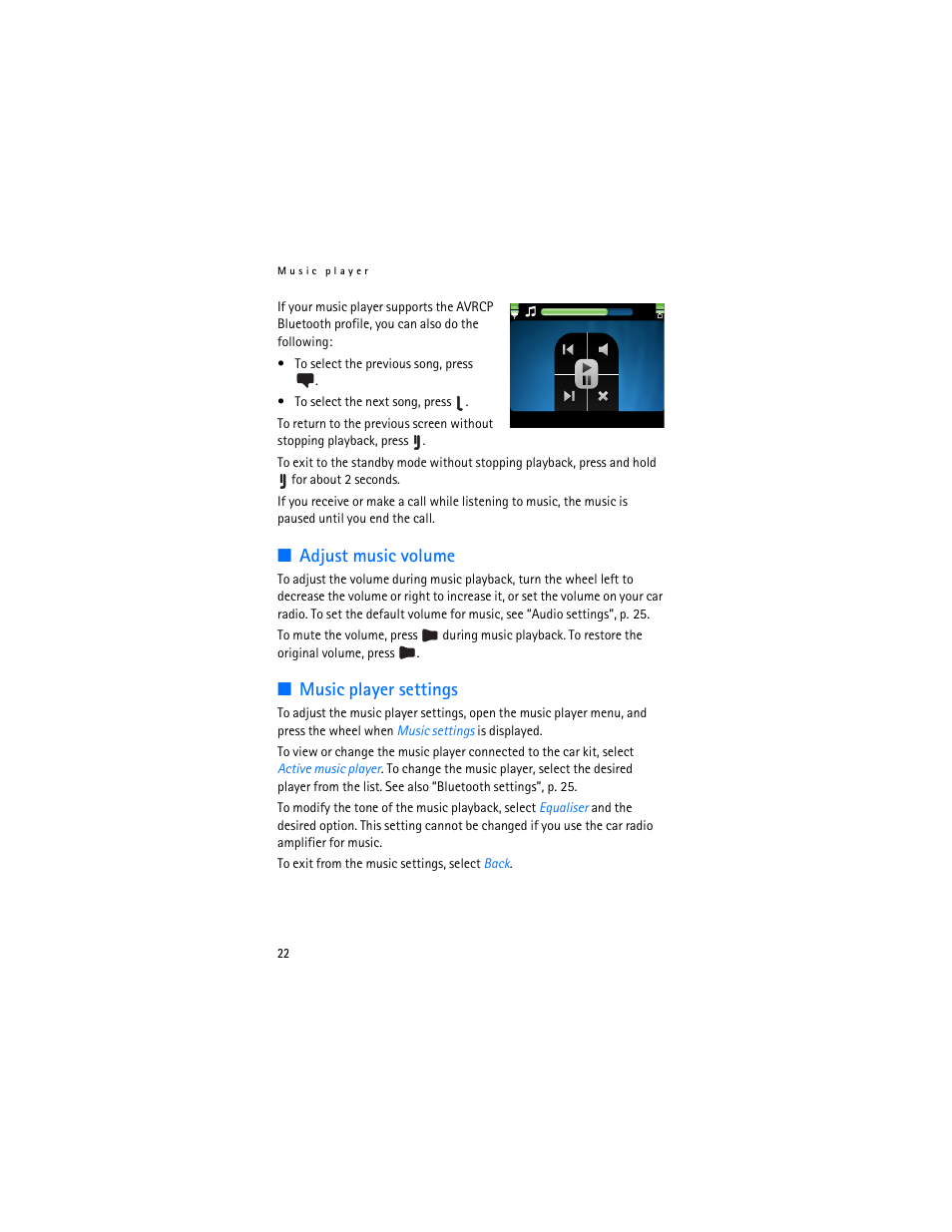 Adjust music volume, Music player settings | Nokia Display Car Kit CK-600 User Manual | Page 22 / 206