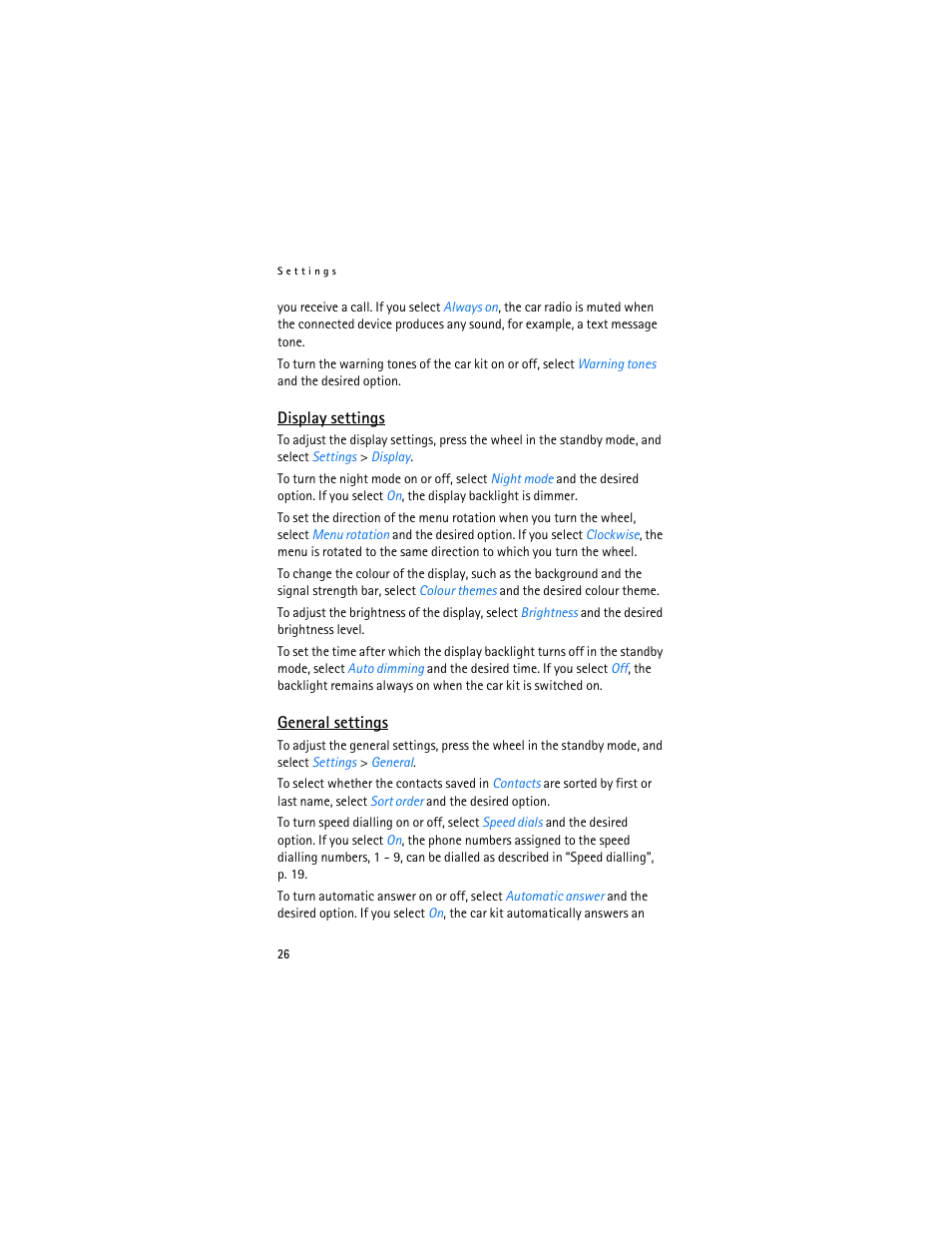 Display settings, General settings | Nokia Display Car Kit CK-600 User Manual | Page 26 / 206