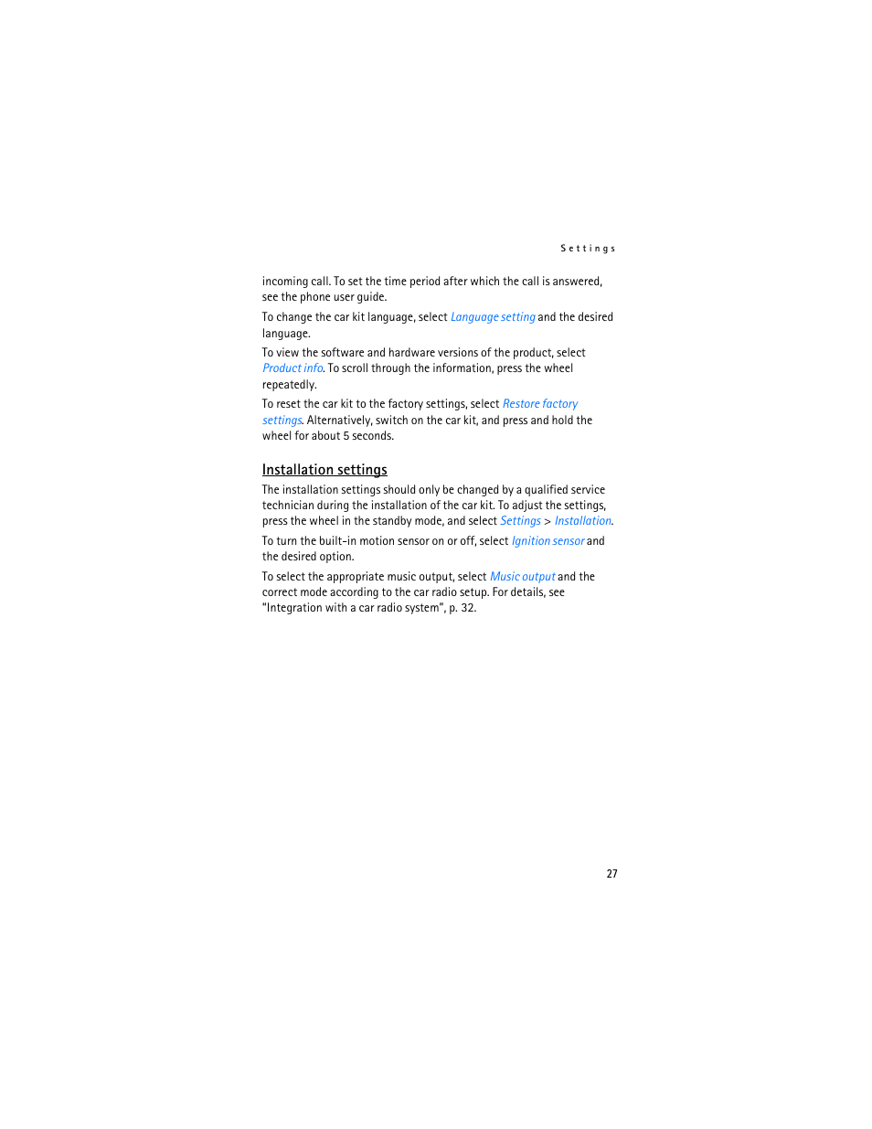 Installation settings | Nokia Display Car Kit CK-600 User Manual | Page 27 / 206