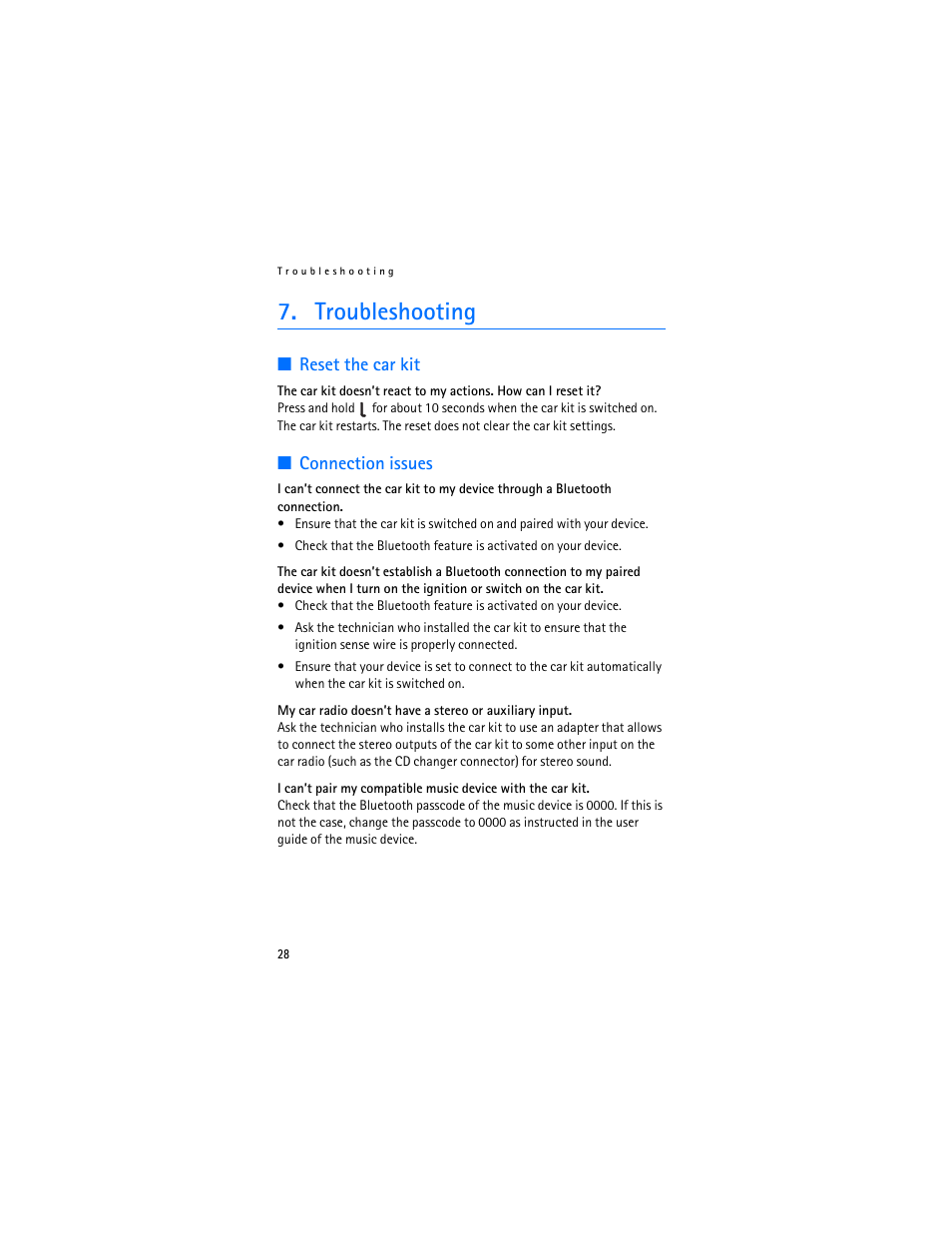 Troubleshooting, Reset the car kit, Connection issues | Nokia Display Car Kit CK-600 User Manual | Page 28 / 206