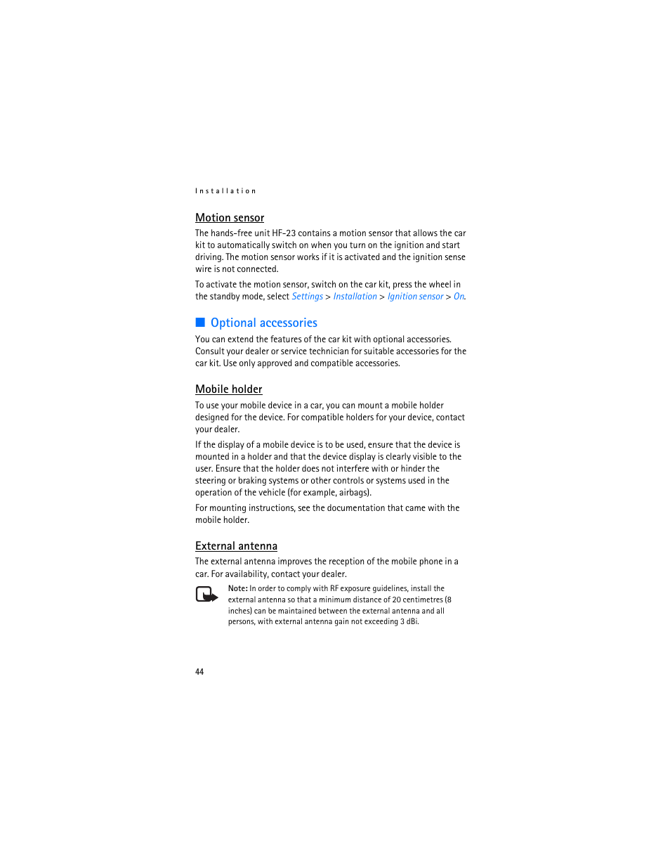 Motion sensor, Optional accessories, Mobile holder | External antenna | Nokia Display Car Kit CK-600 User Manual | Page 44 / 206