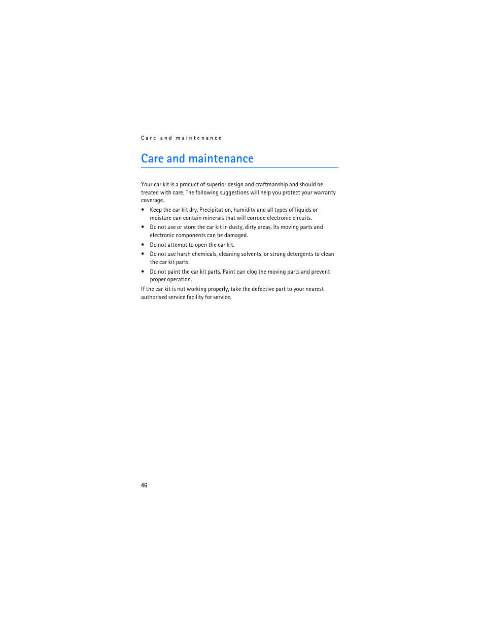 Care and maintenancepflege und wartung, Care and maintenance | Nokia Display Car Kit CK-600 User Manual | Page 46 / 206