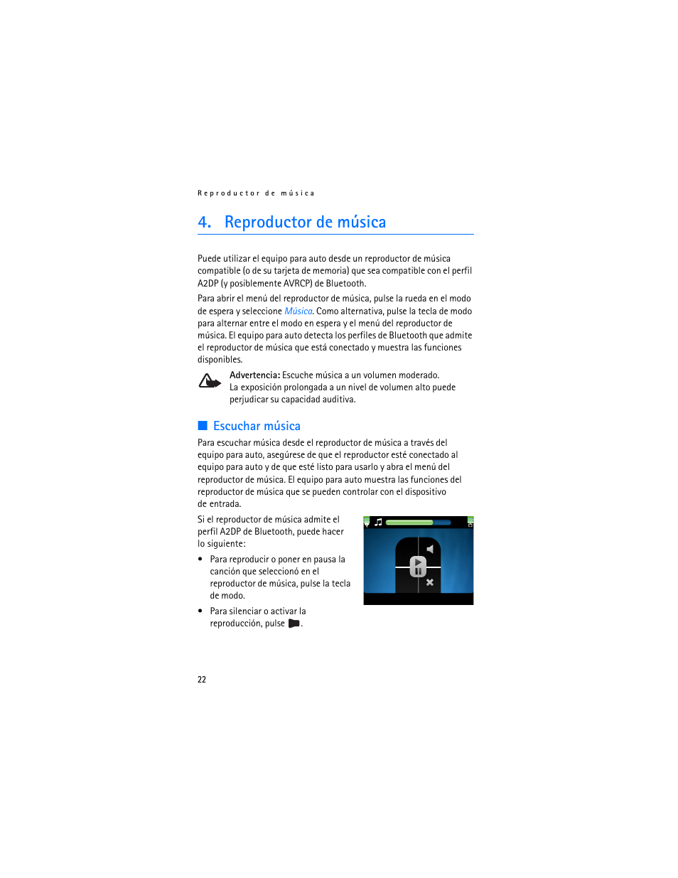 Reproductor de música, Escuchar música, Productor de música”, pág. 22 | Nokia Display Car Kit CK-600 User Manual | Page 70 / 206