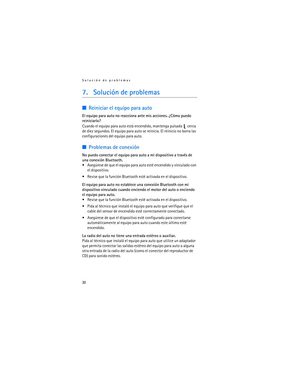 Solución de problemas, Reiniciar el equipo para auto, Problemas de conexión | Solución de problemas”, pбg. 30 | Nokia Display Car Kit CK-600 User Manual | Page 78 / 206